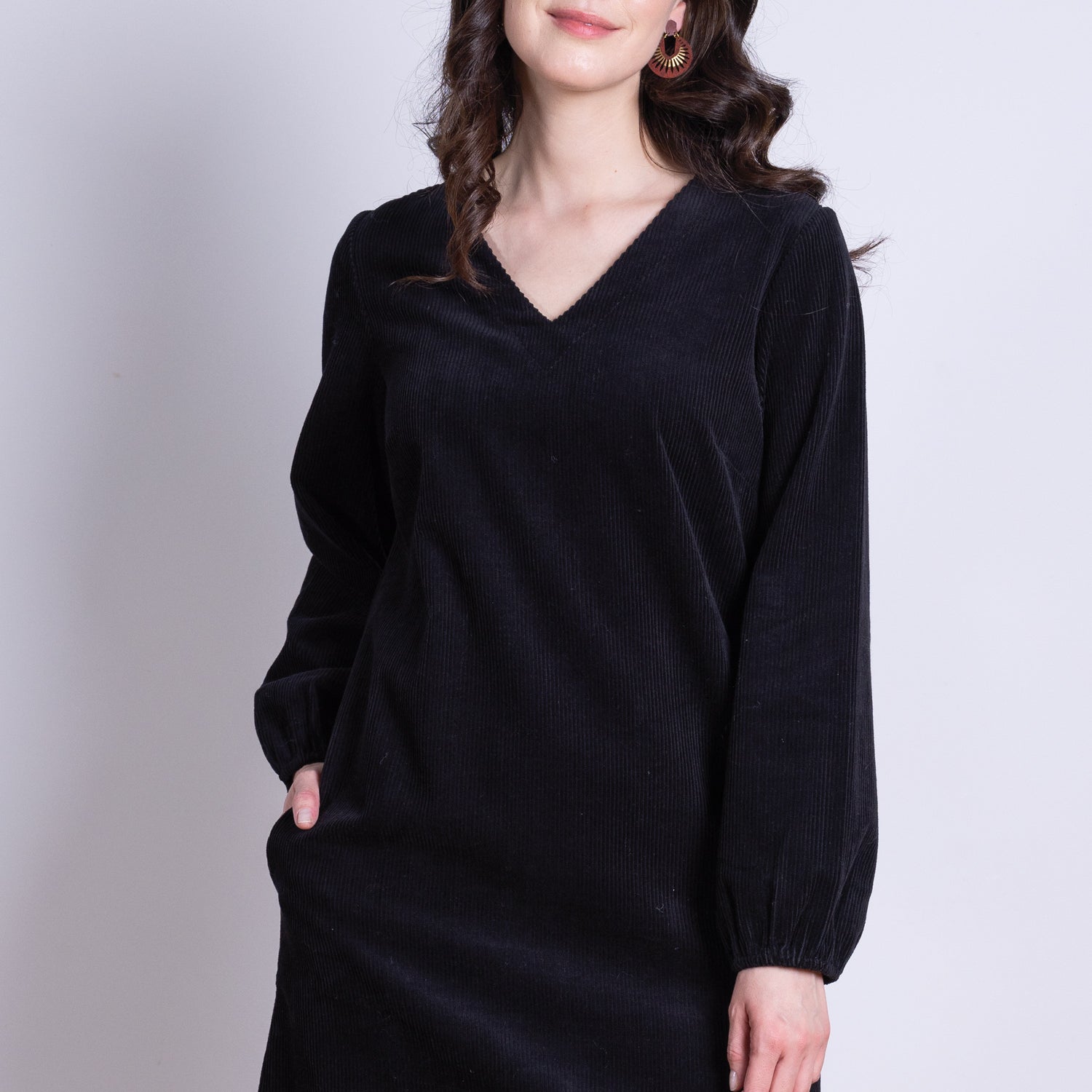 AW25 Gathered Cuff Tunic Dress - Black