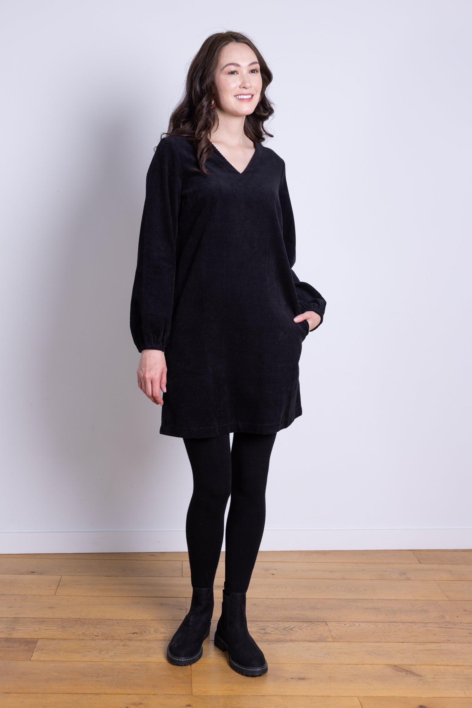AW25 Gathered Cuff Tunic Dress - Black