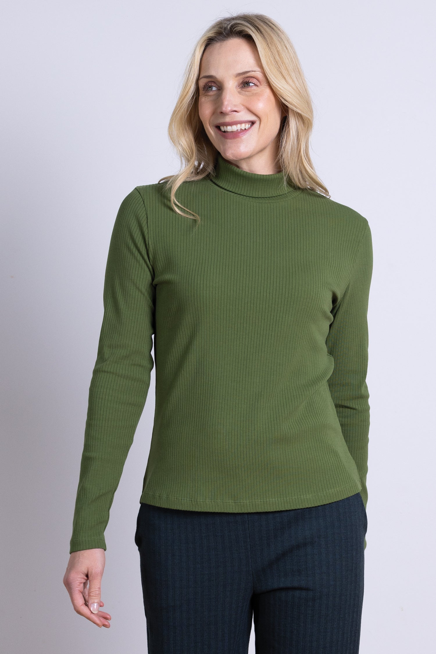 AW25 Rib Polo Neck Top - Basil