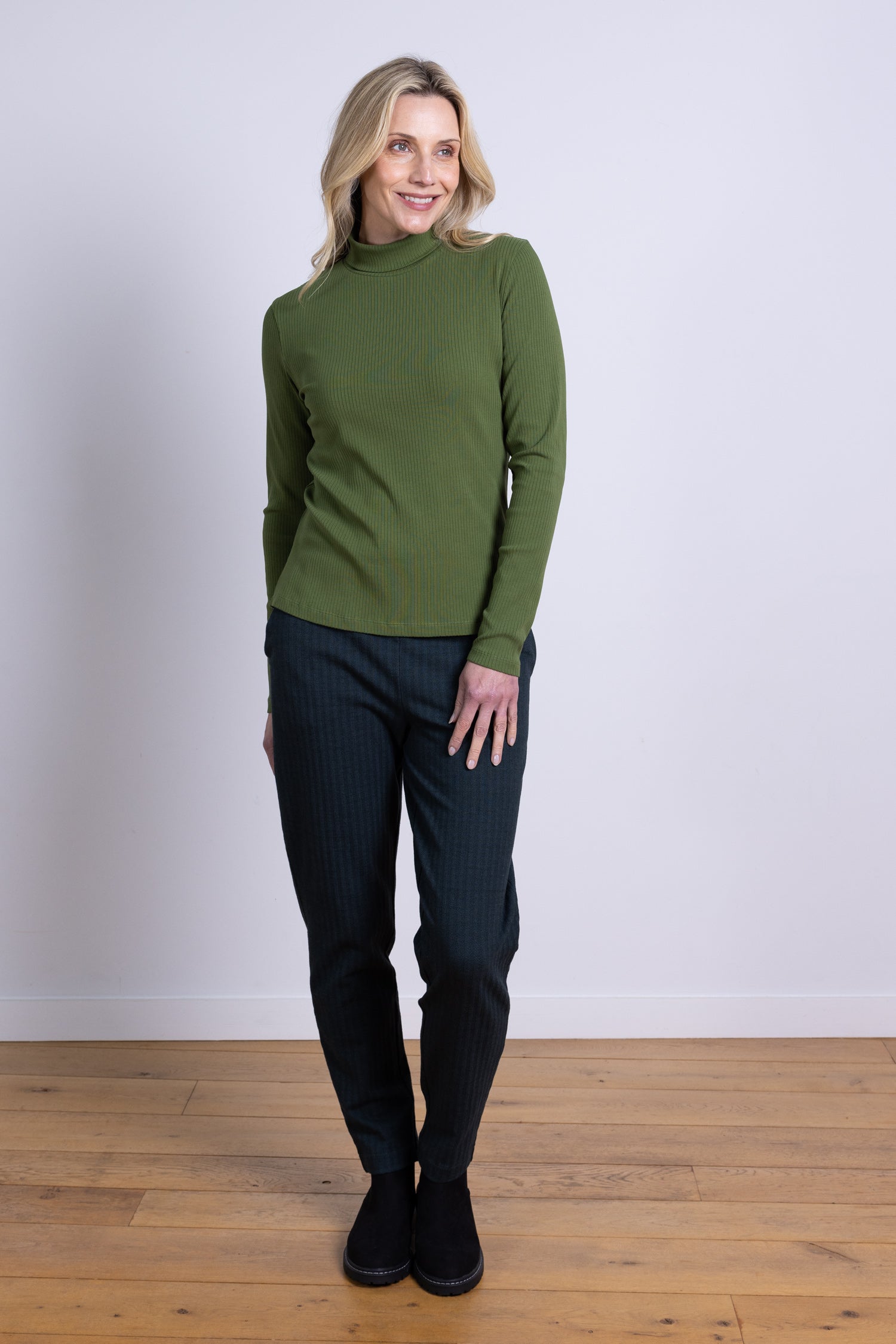 AW25 Rib Polo Neck Top - Basil
