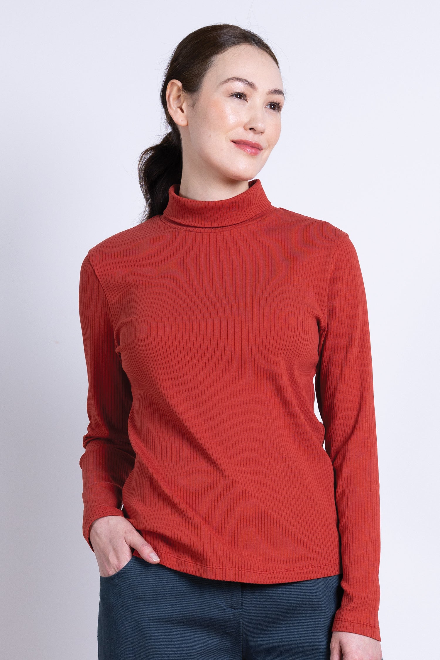 AW25 Rib Polo Neck Top - Rust