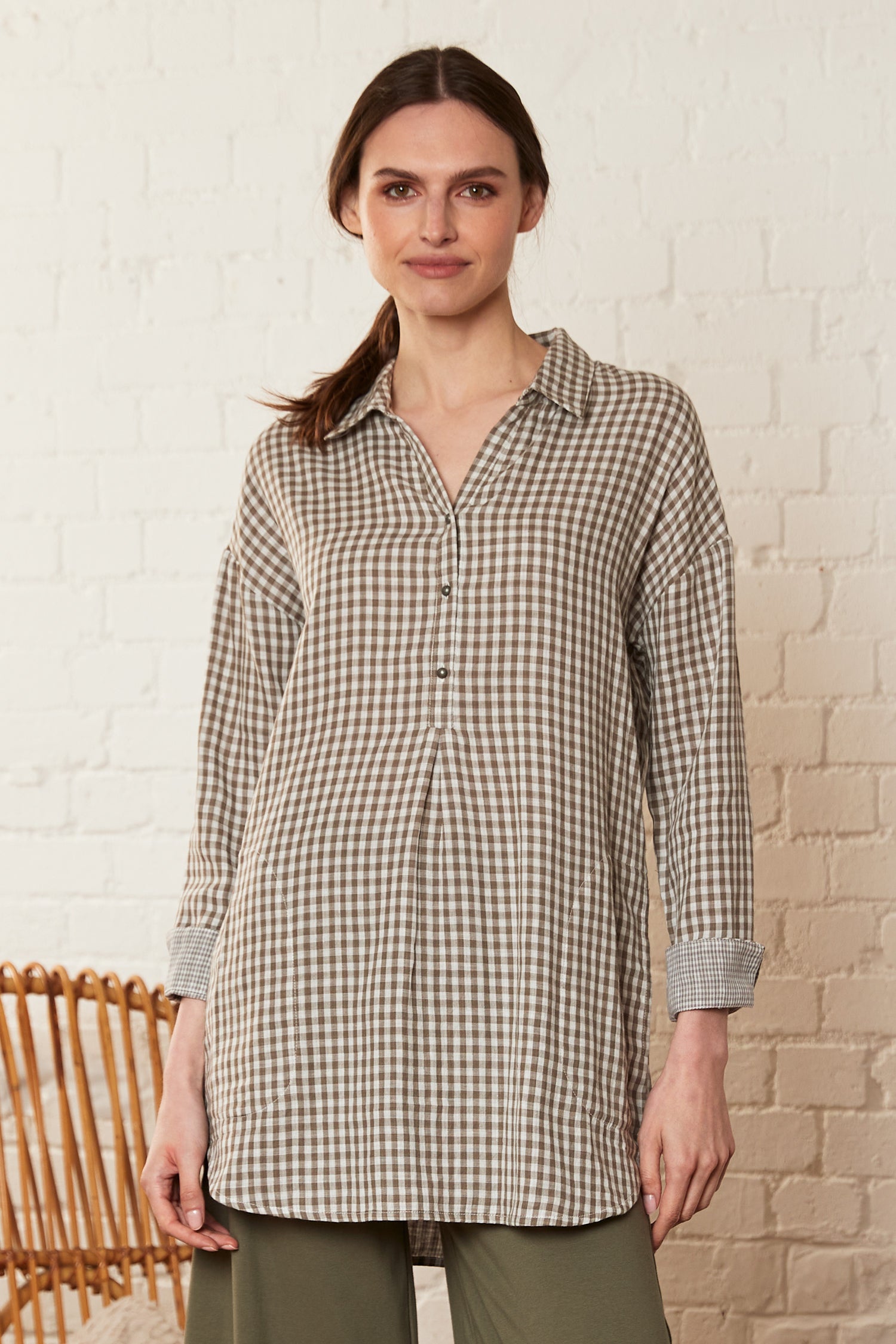 Double Cotton Check Tunic Shirt