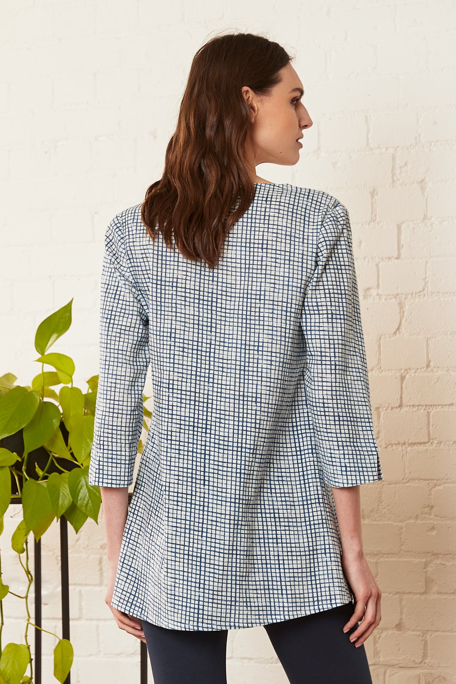 Cotton Check Three Quartes Sleeve Tunic