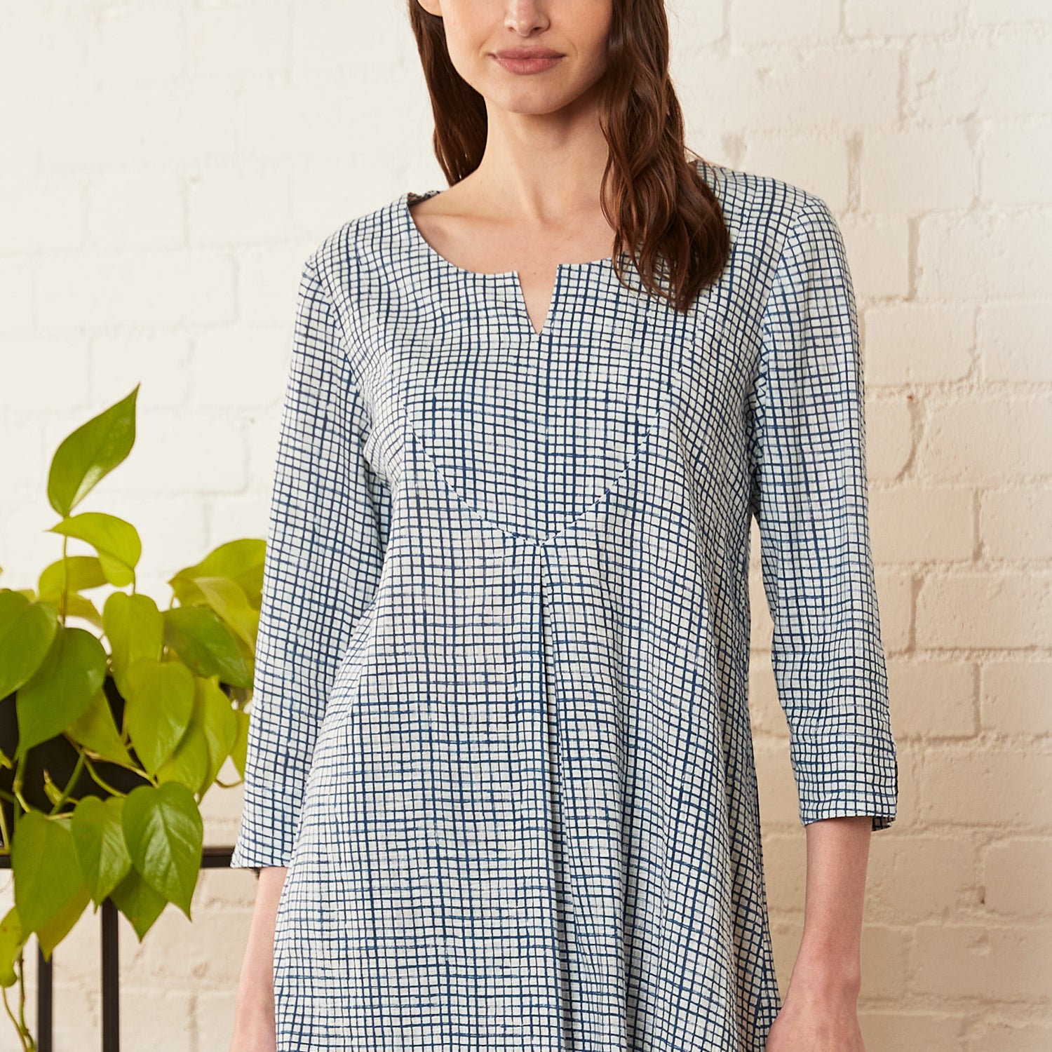 Cotton Check Three Quartes Sleeve Tunic