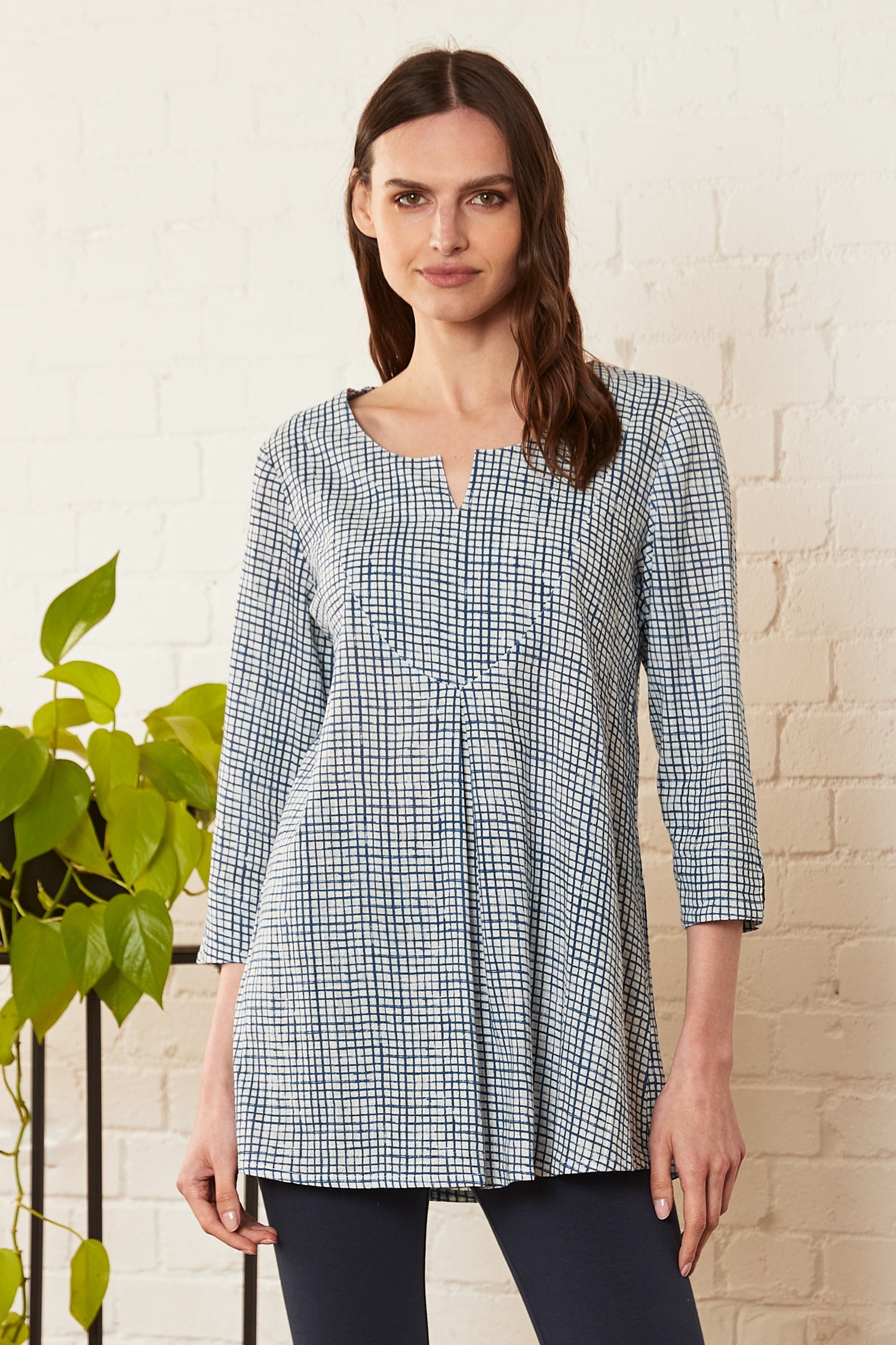 Cotton Check Three Quartes Sleeve Tunic