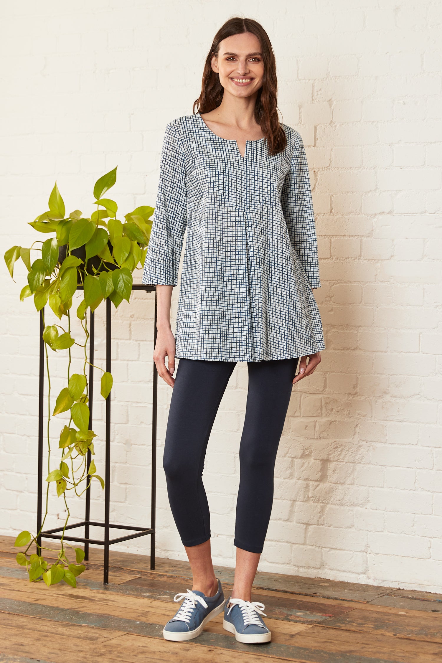 Cotton Check Three Quartes Sleeve Tunic