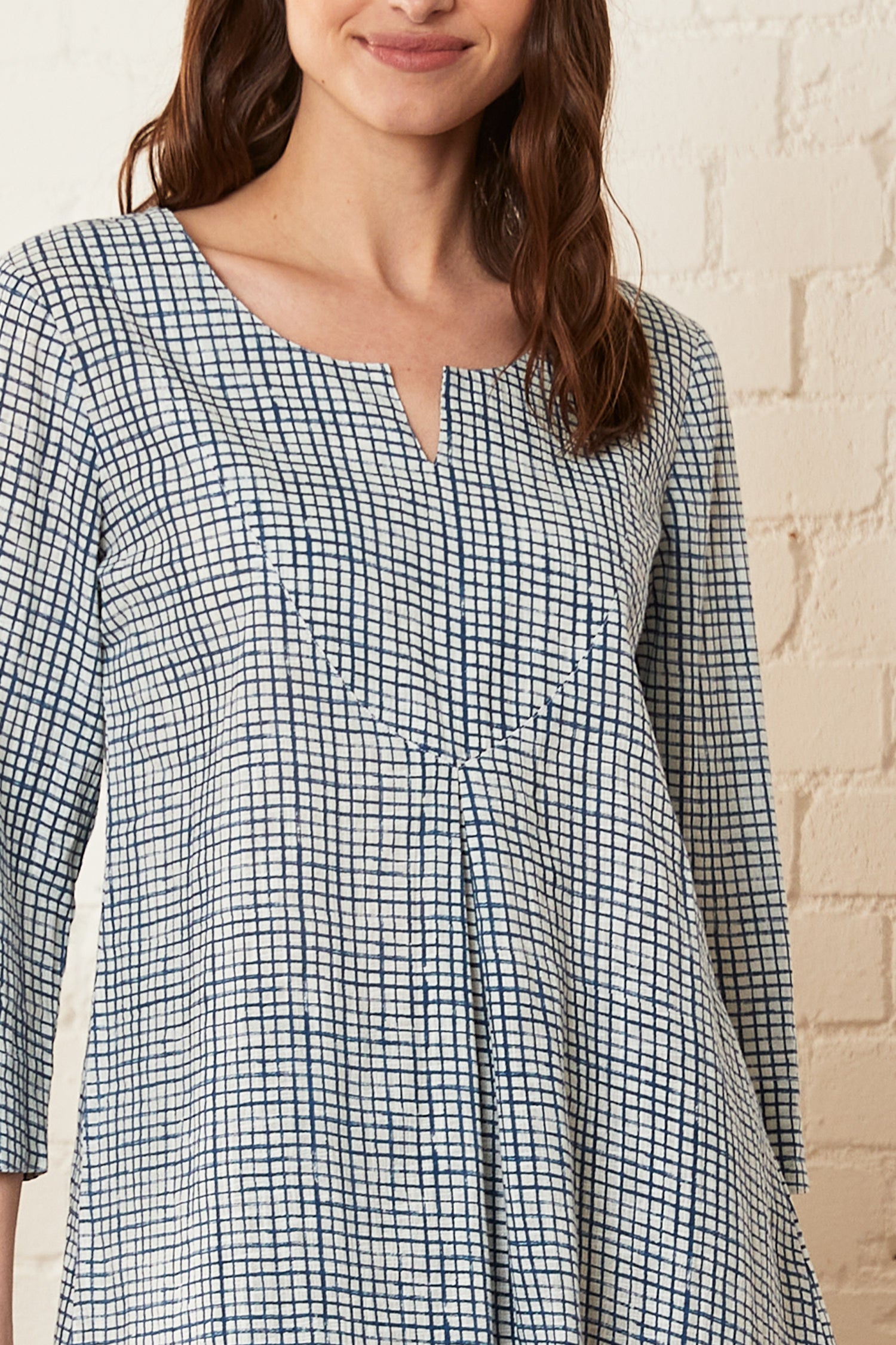 Cotton Check Three Quartes Sleeve Tunic