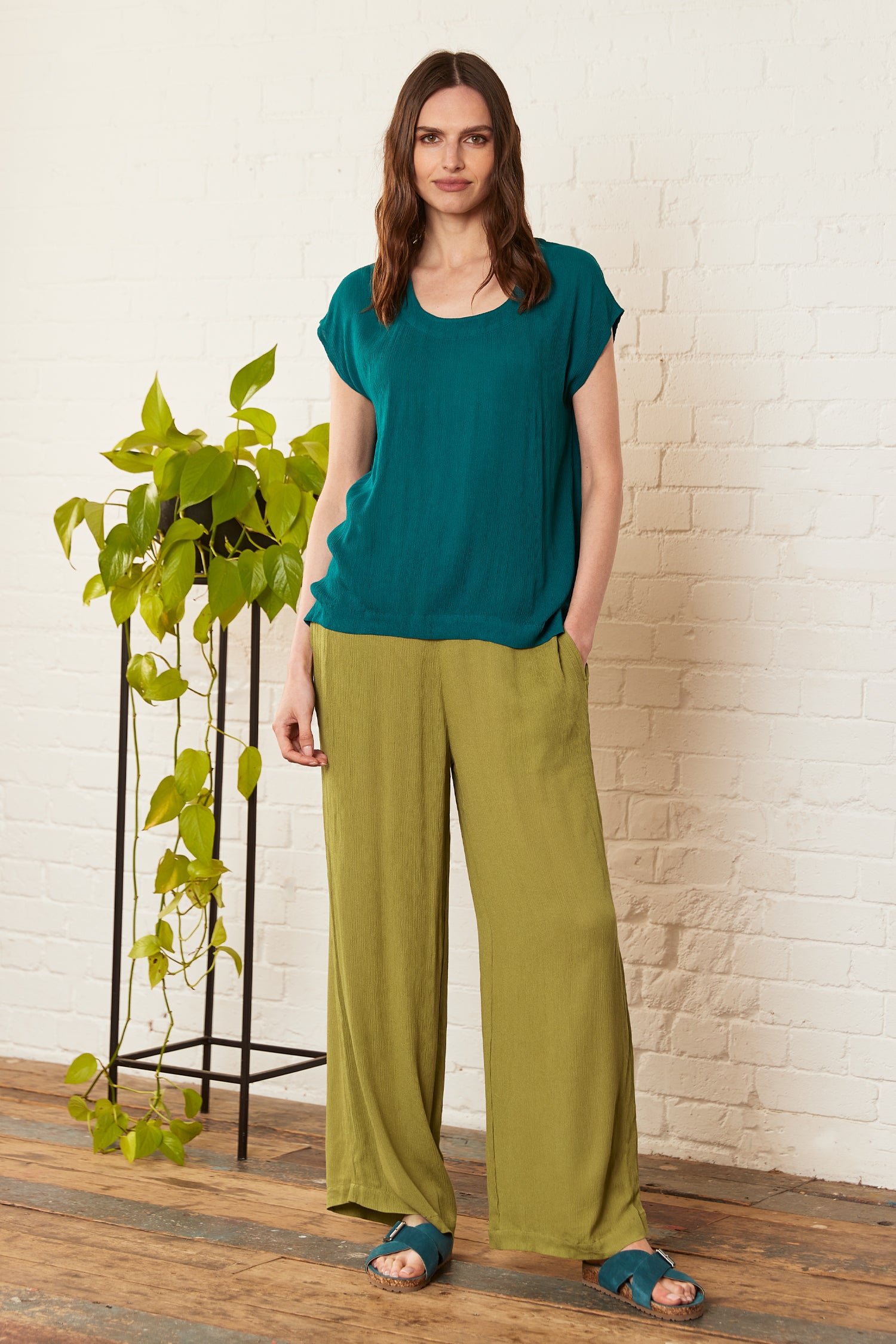 Crinkle Viscose Wide Leg Trousers