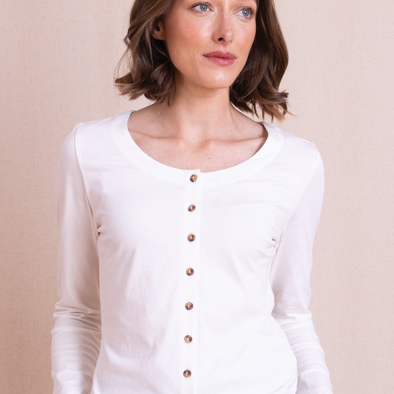 AW26 Organic Cotton Button Through Jersey Top - Ivory