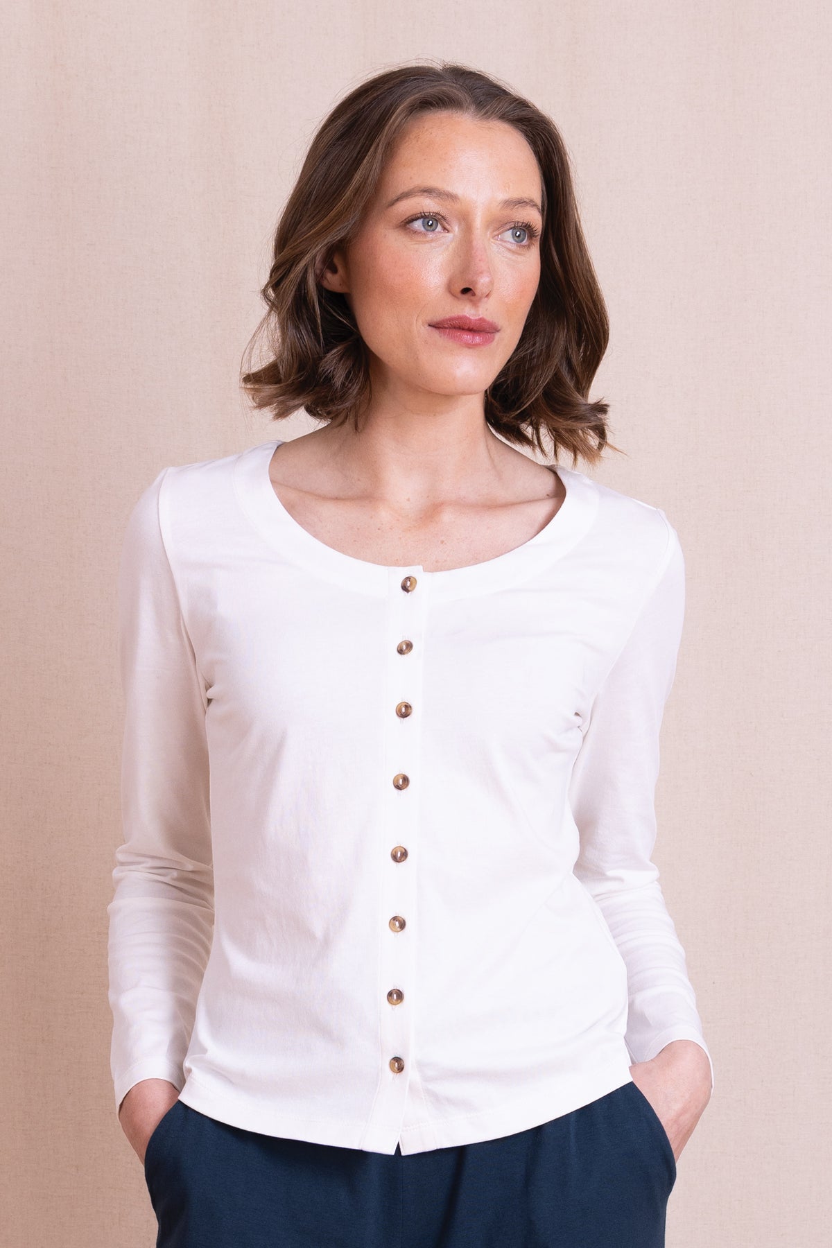 AW26 Organic Cotton Button Through Jersey Top - Ivory
