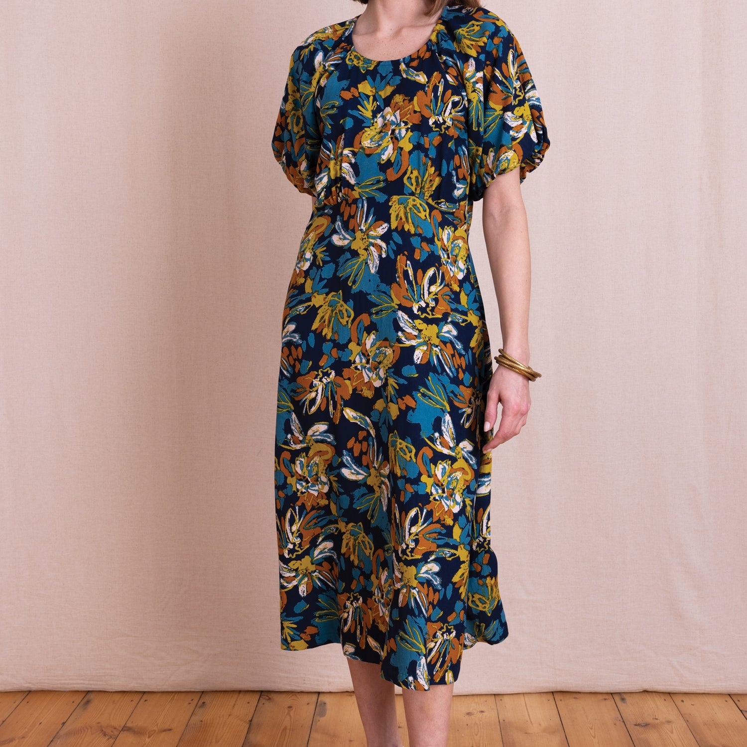 AW26 Puff Sleeve Printed Midi Dress - Navy