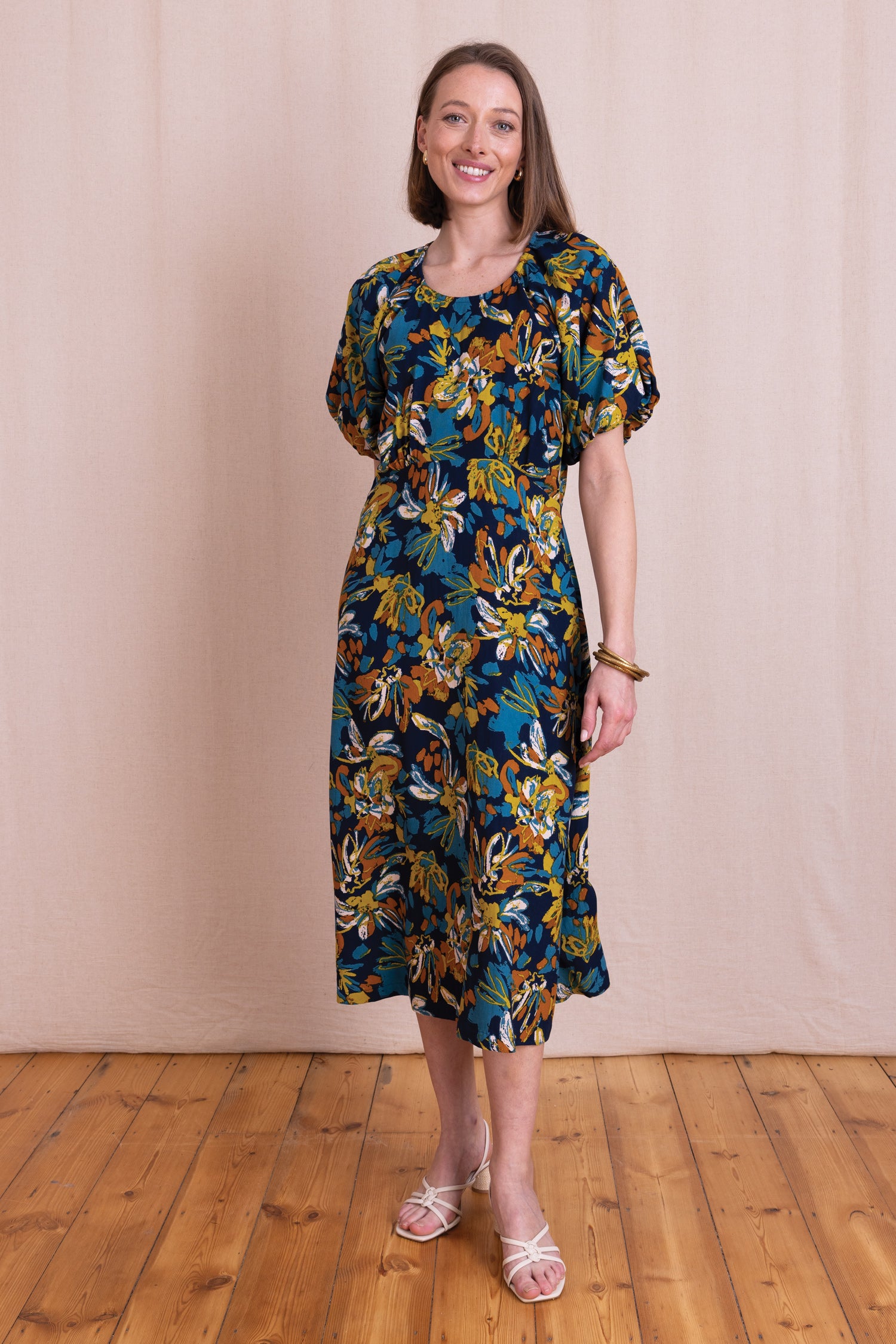 AW26 Puff Sleeve Printed Midi Dress - Navy