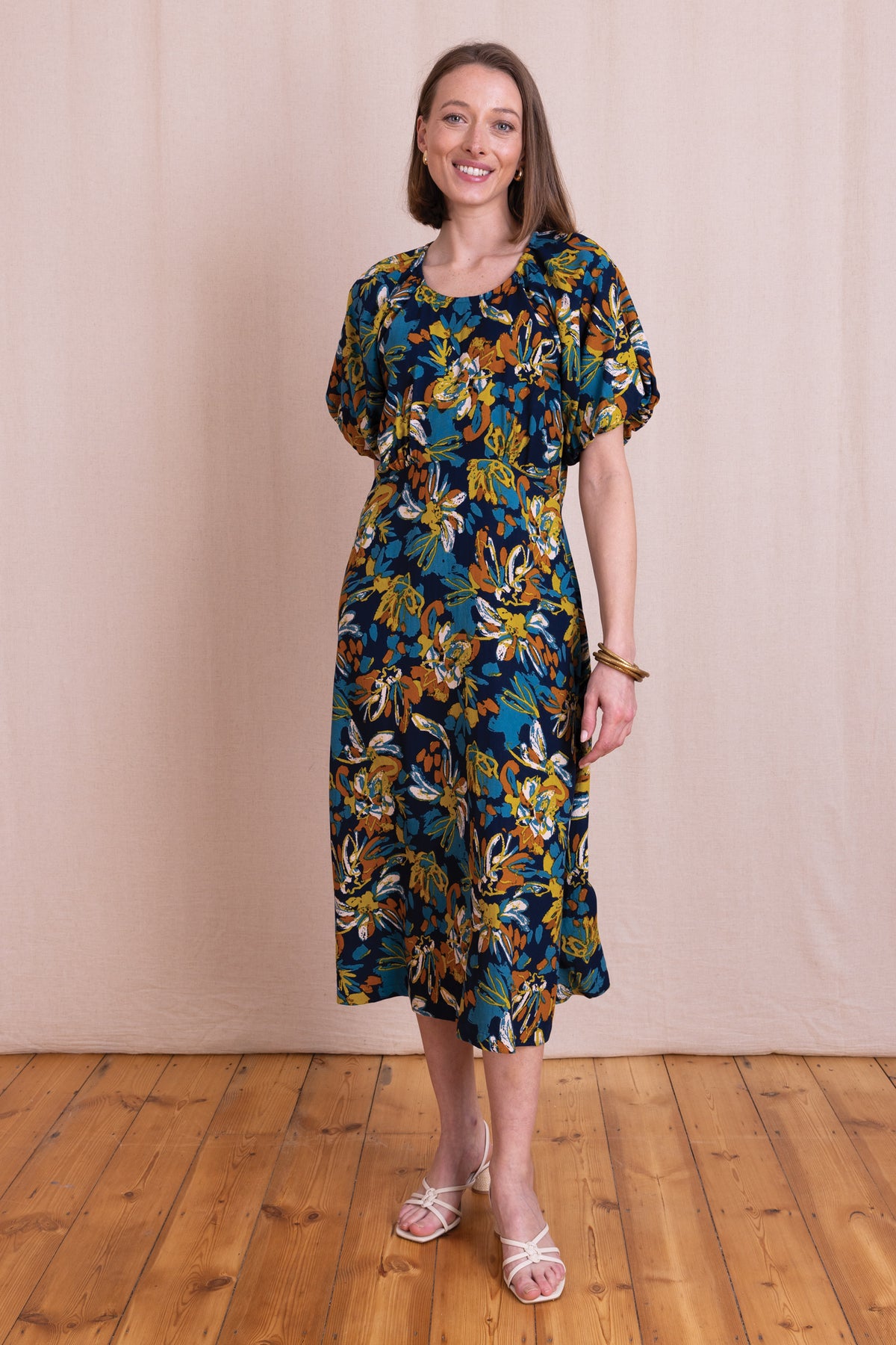 AW26 Puff Sleeve Printed Midi Dress - Navy