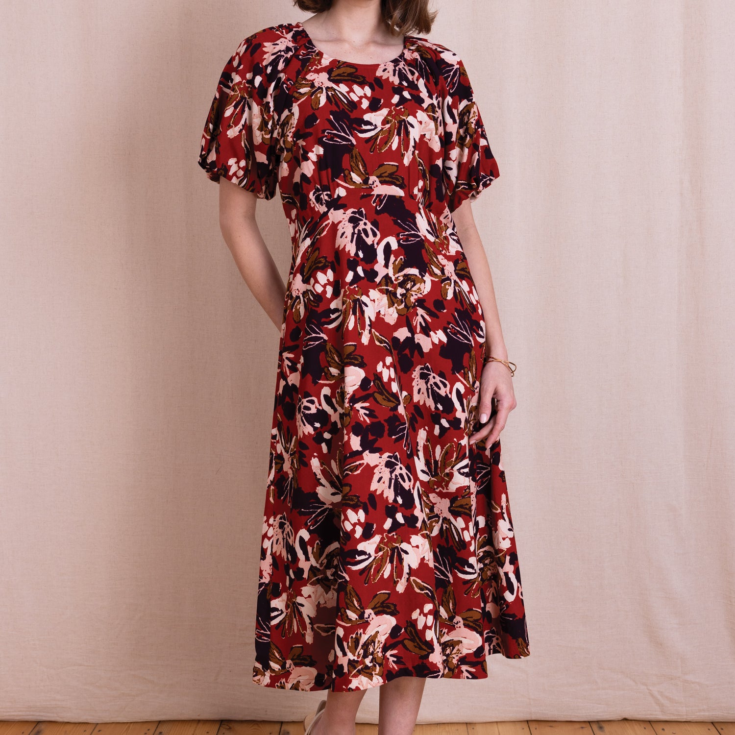 AW26 Puff Sleeve Printed Midi Dress - Sunset