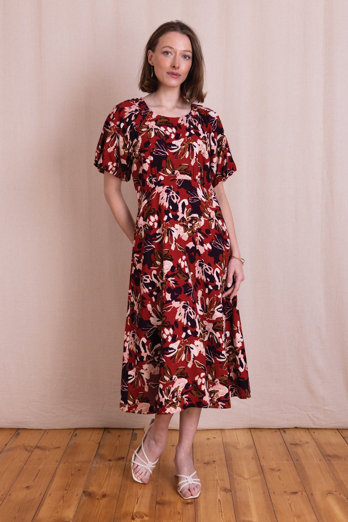 AW26 Puff Sleeve Printed Midi Dress - Sunset