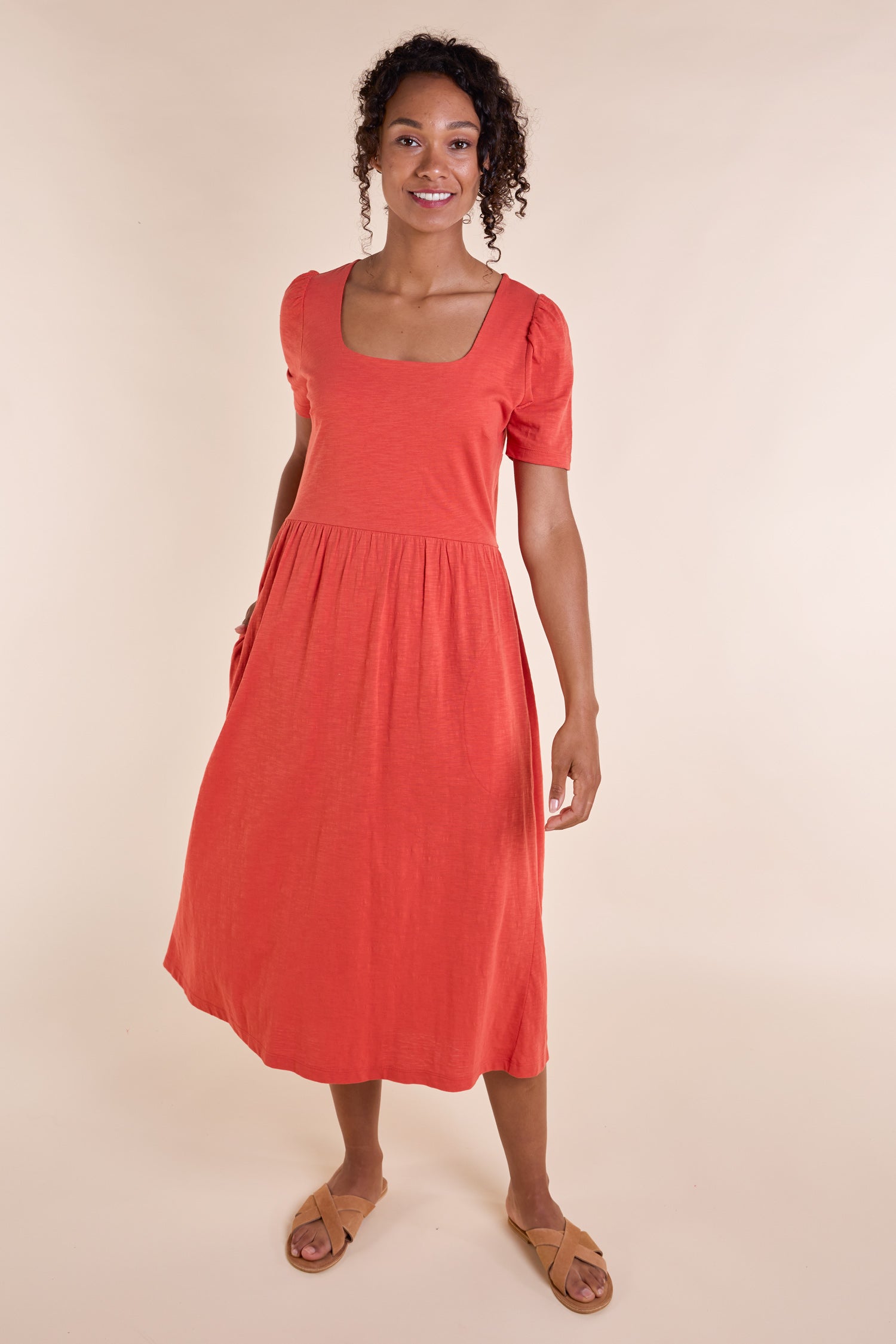 SS25 GOTS Organic Cotton Slub Midi Dress - Tangerine