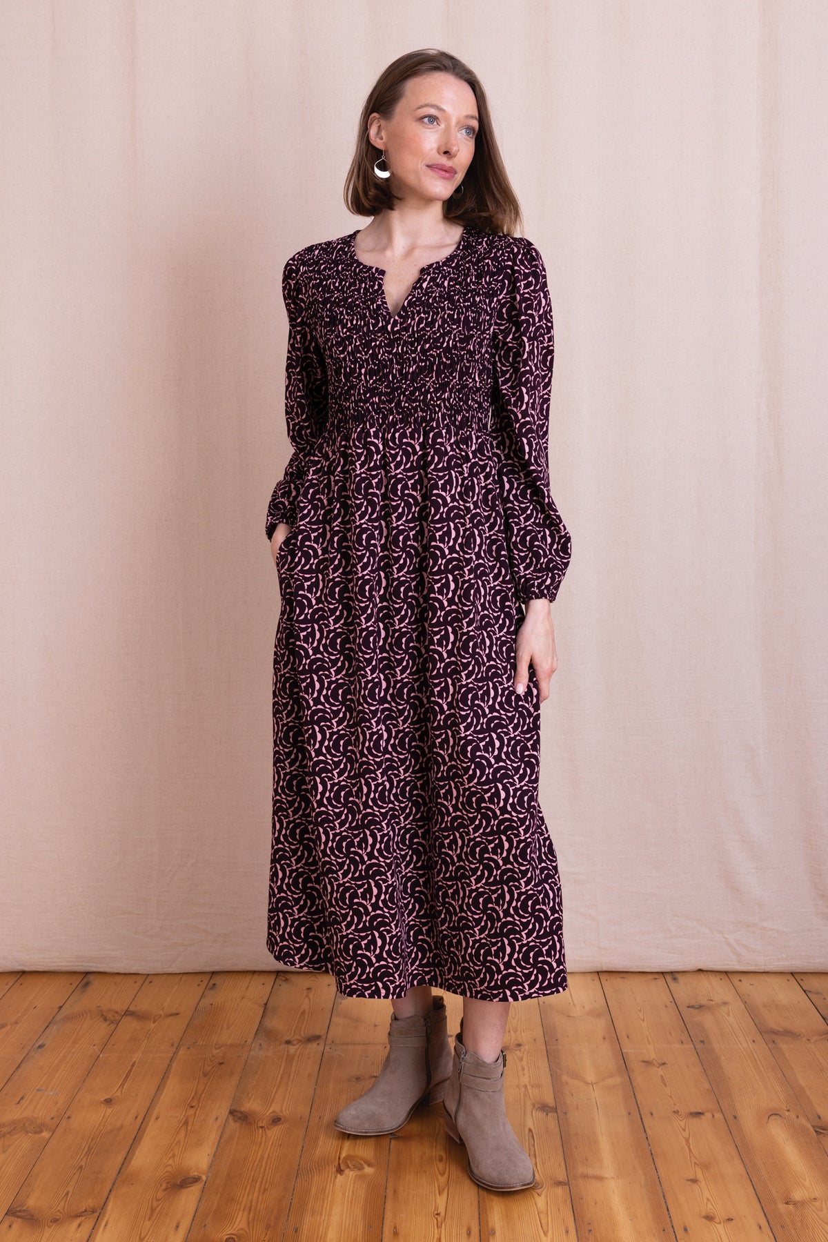 AW26 Printed Smocked Midi Dress - Burgandy