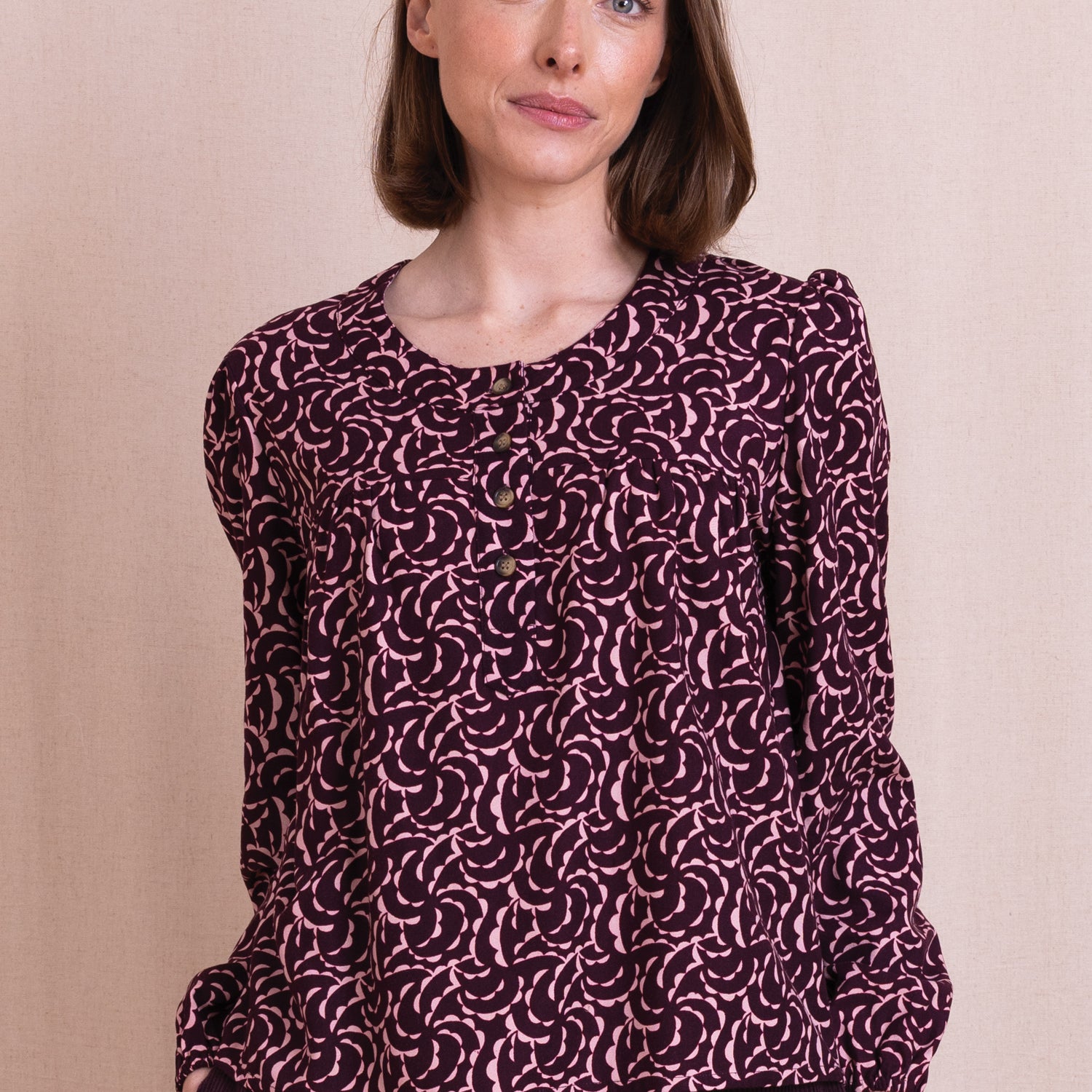 AW26 Printed Buttoned Front Top - Burgandy