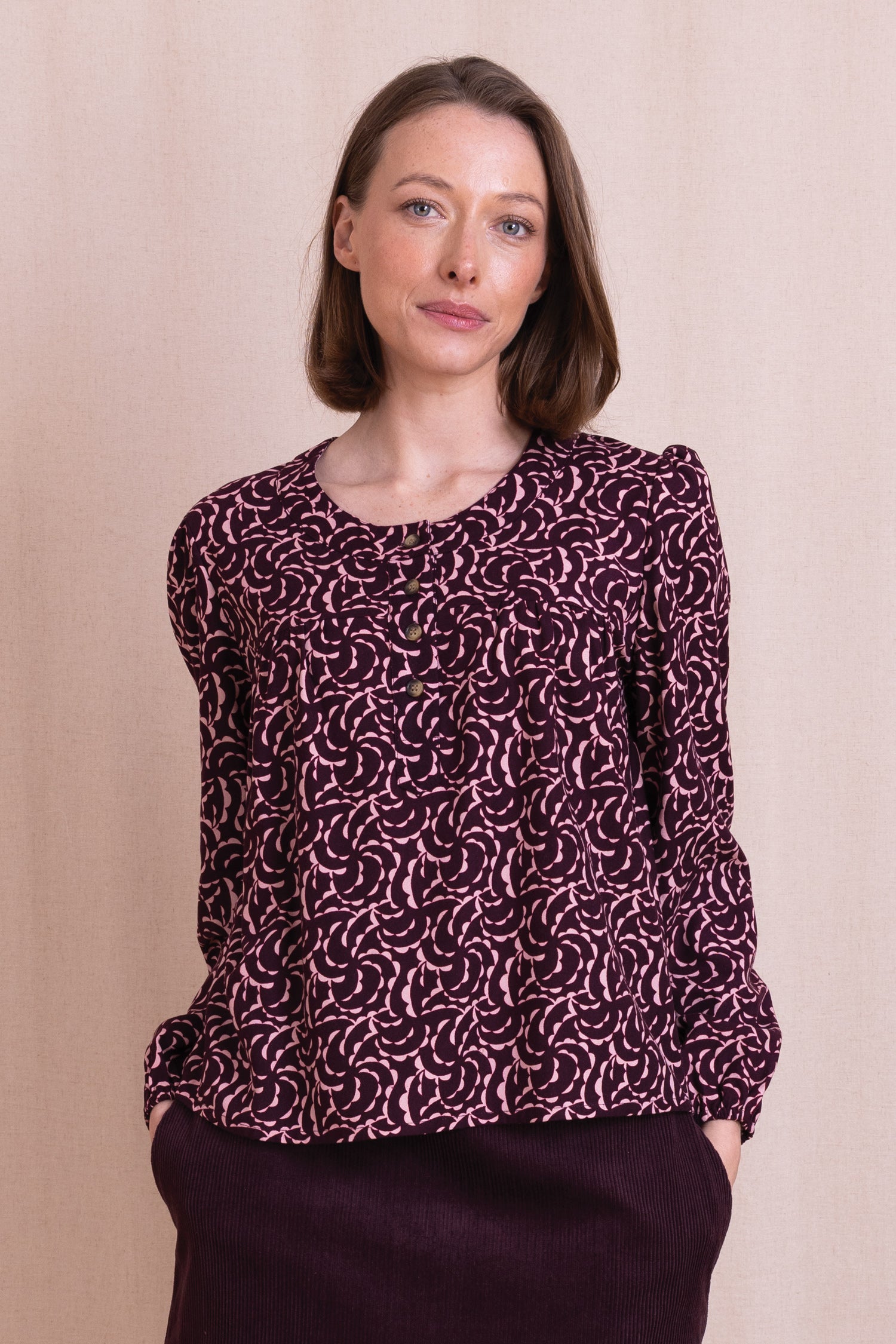AW26 Printed Buttoned Front Top - Burgandy