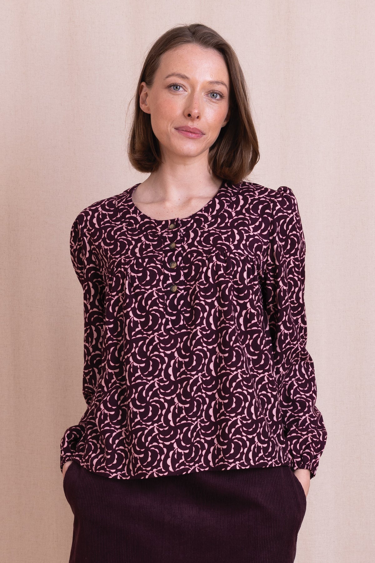 AW26 Printed Buttoned Front Top - Burgandy