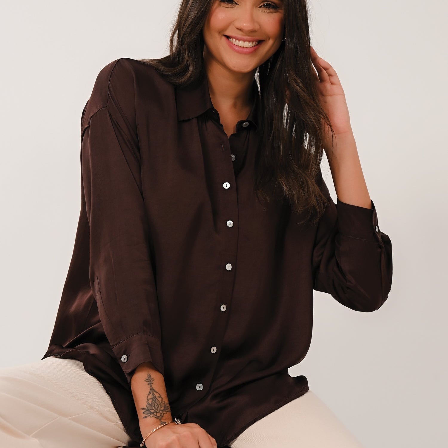 AW26 Oversized Satin Shirt - Chocolate