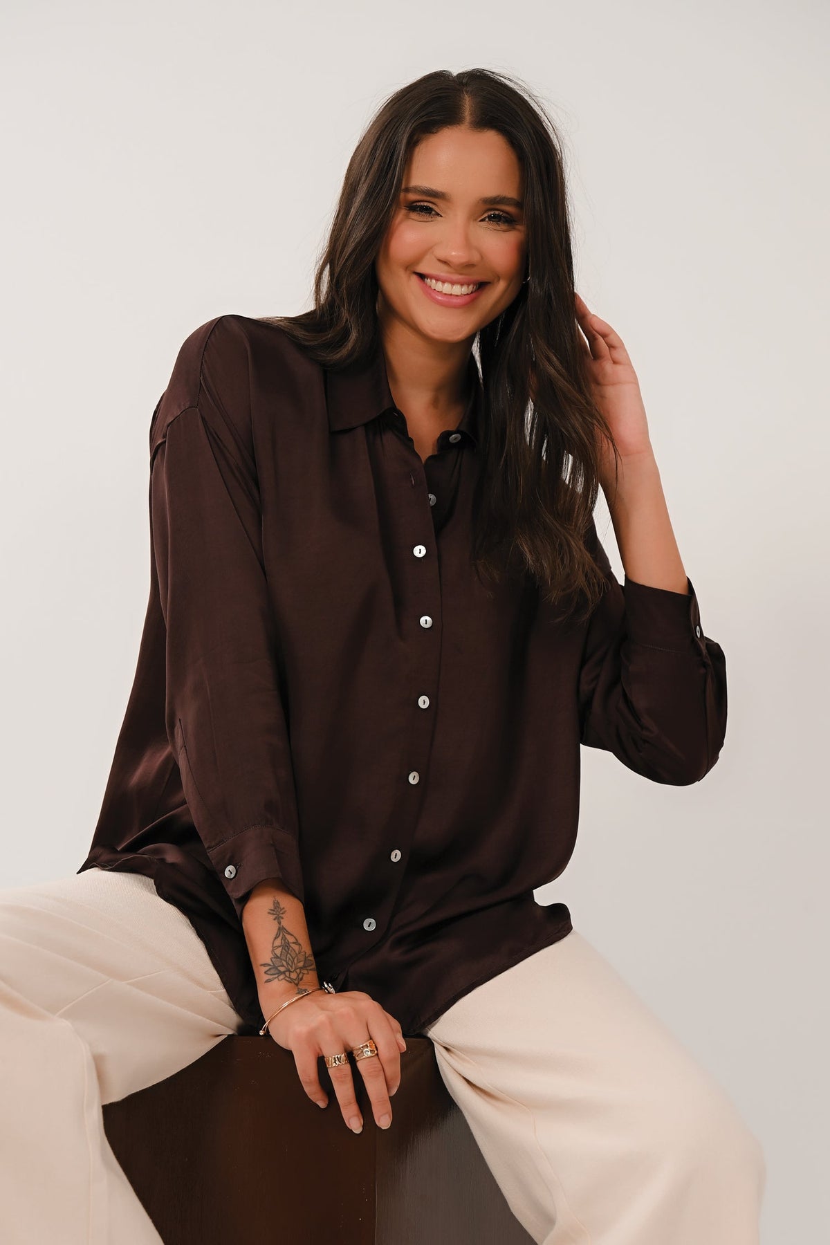 AW26 Oversized Satin Shirt - Chocolate