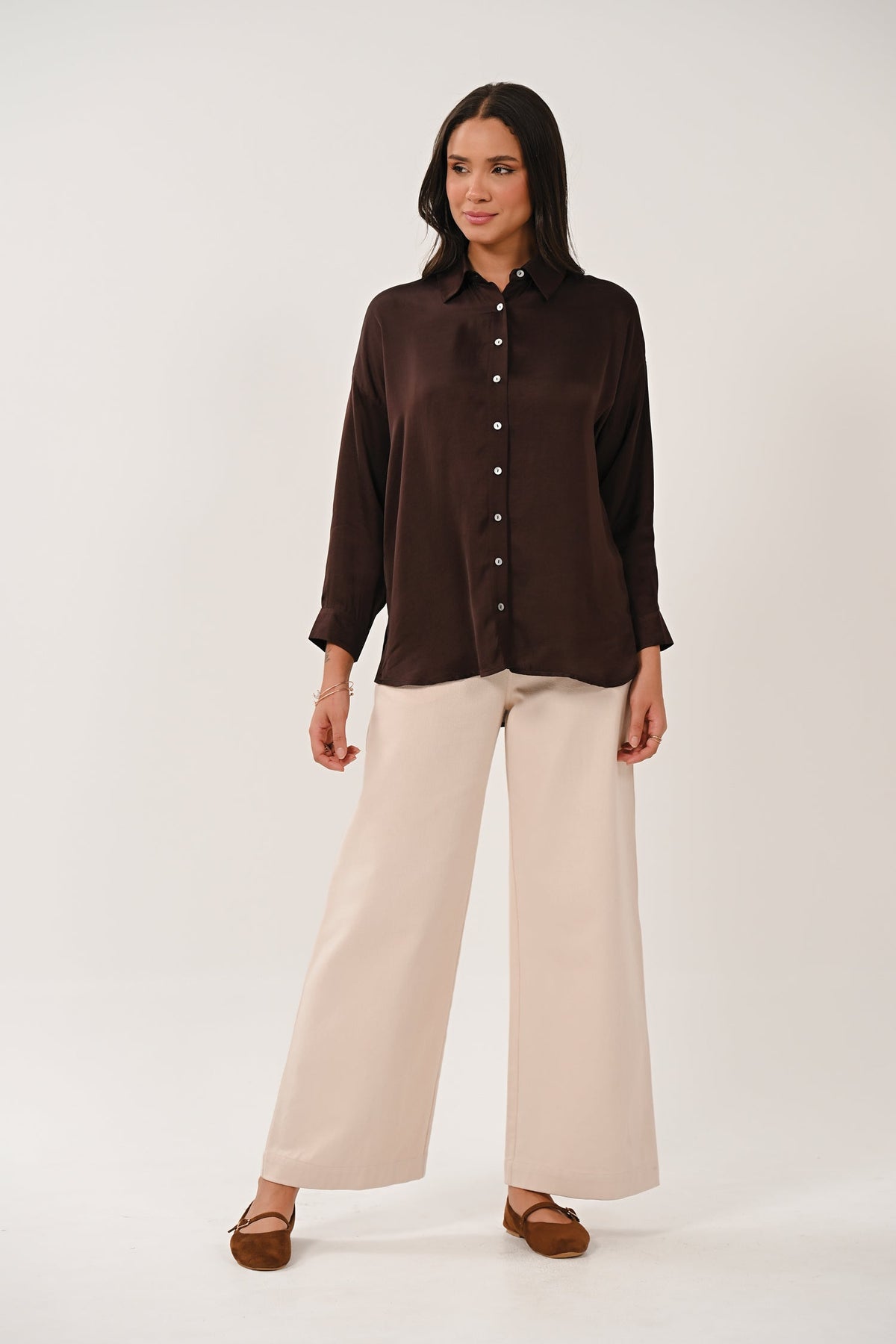 AW26 Oversized Satin Shirt - Chocolate