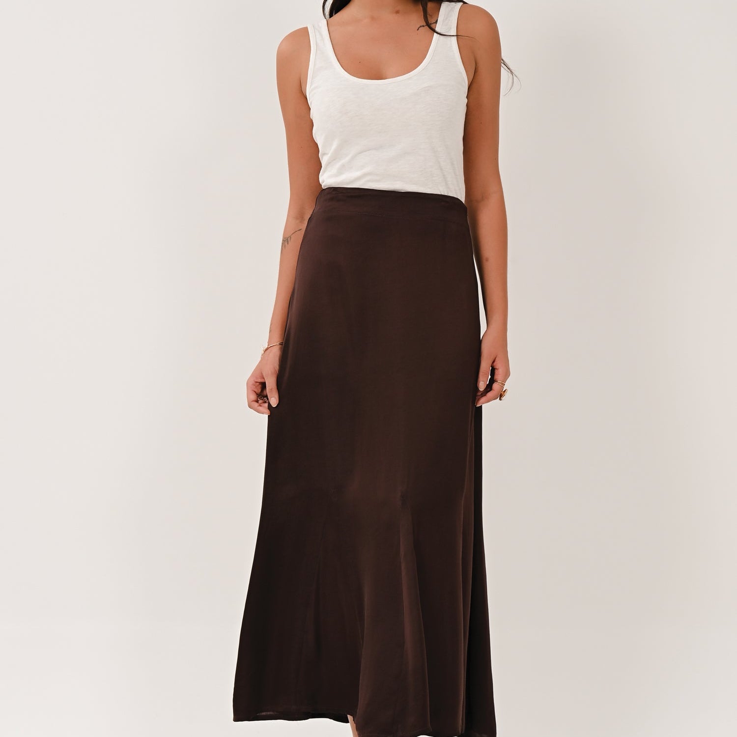 AW26 Satin Godet Midi Skirt - Chocolate