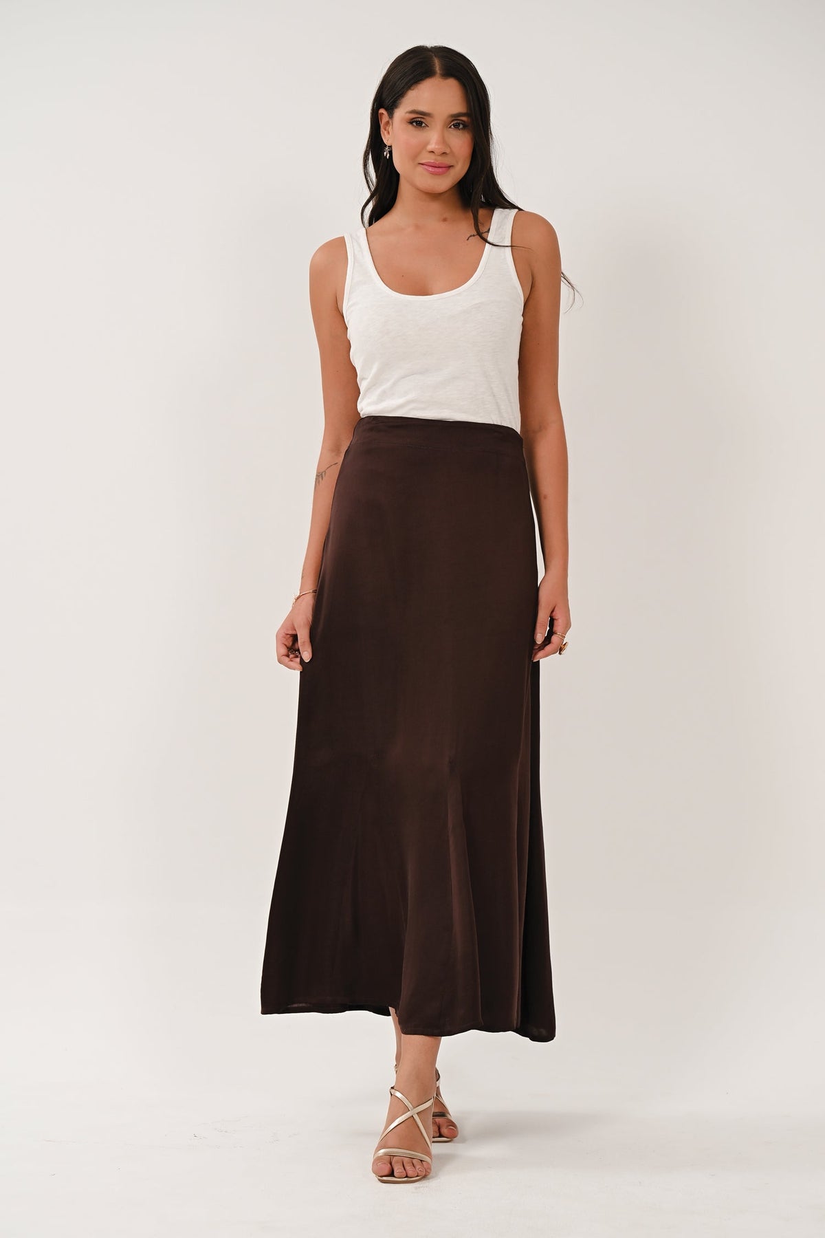 AW26 Satin Godet Midi Skirt - Chocolate