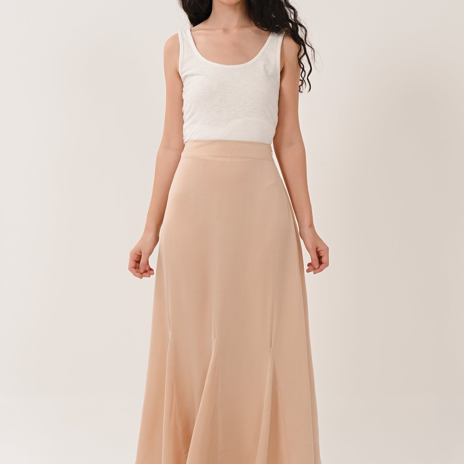 AW26 Satin Godet Midi Skirt - Champagne Gold