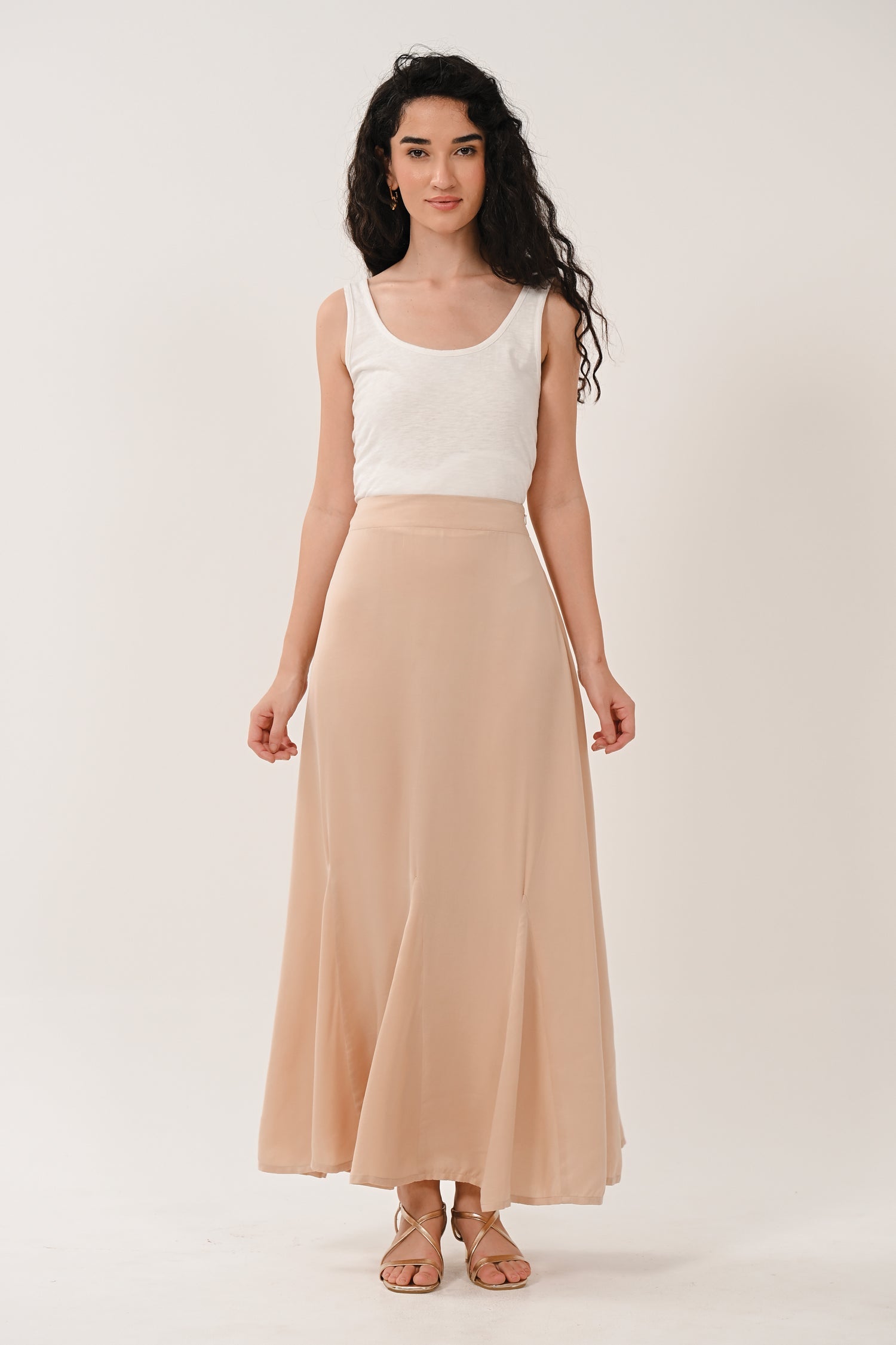 AW26 Satin Godet Midi Skirt - Champagne Gold