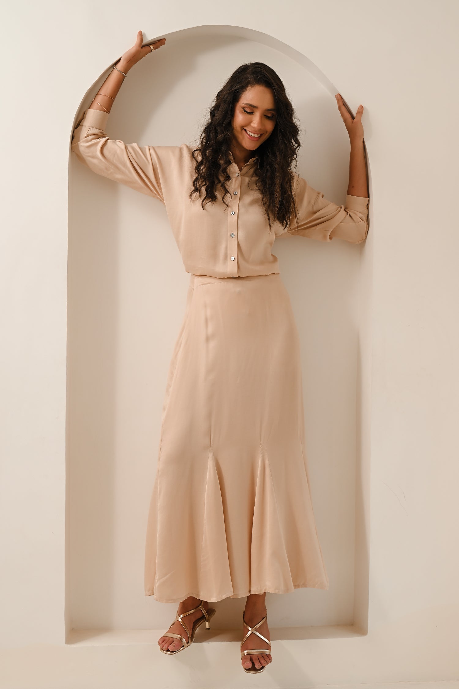 AW26 Satin Godet Midi Skirt - Champagne Gold