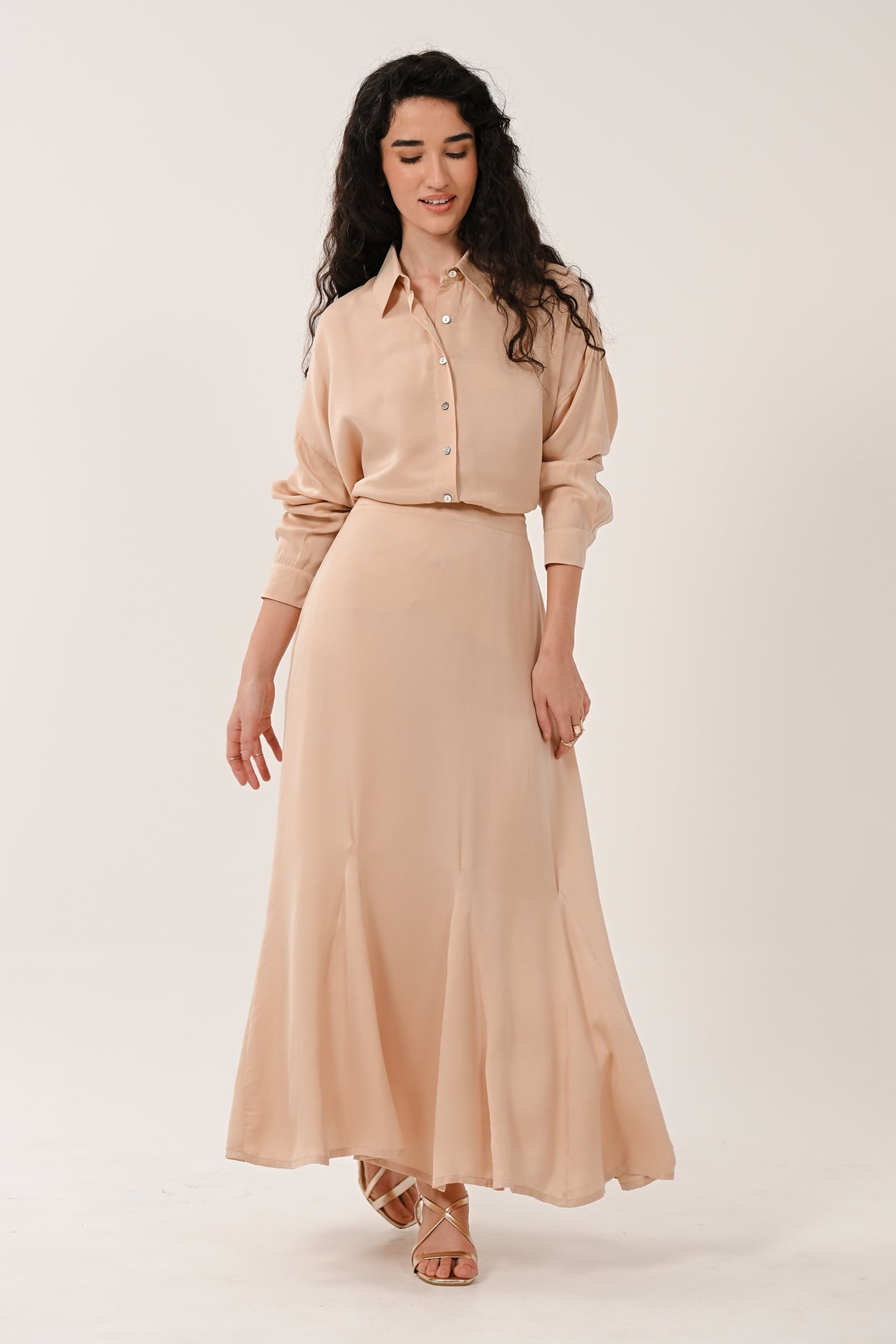 AW26 Satin Godet Midi Skirt - Champagne Gold