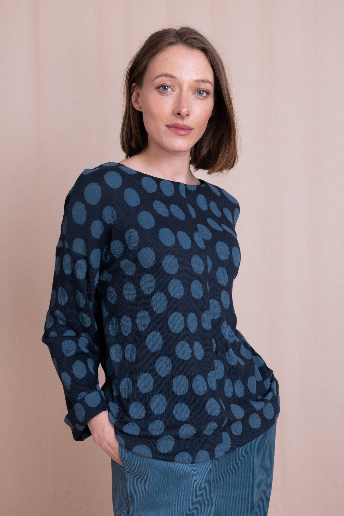 AW26 Spot Print Textured Jersey Top - Navy