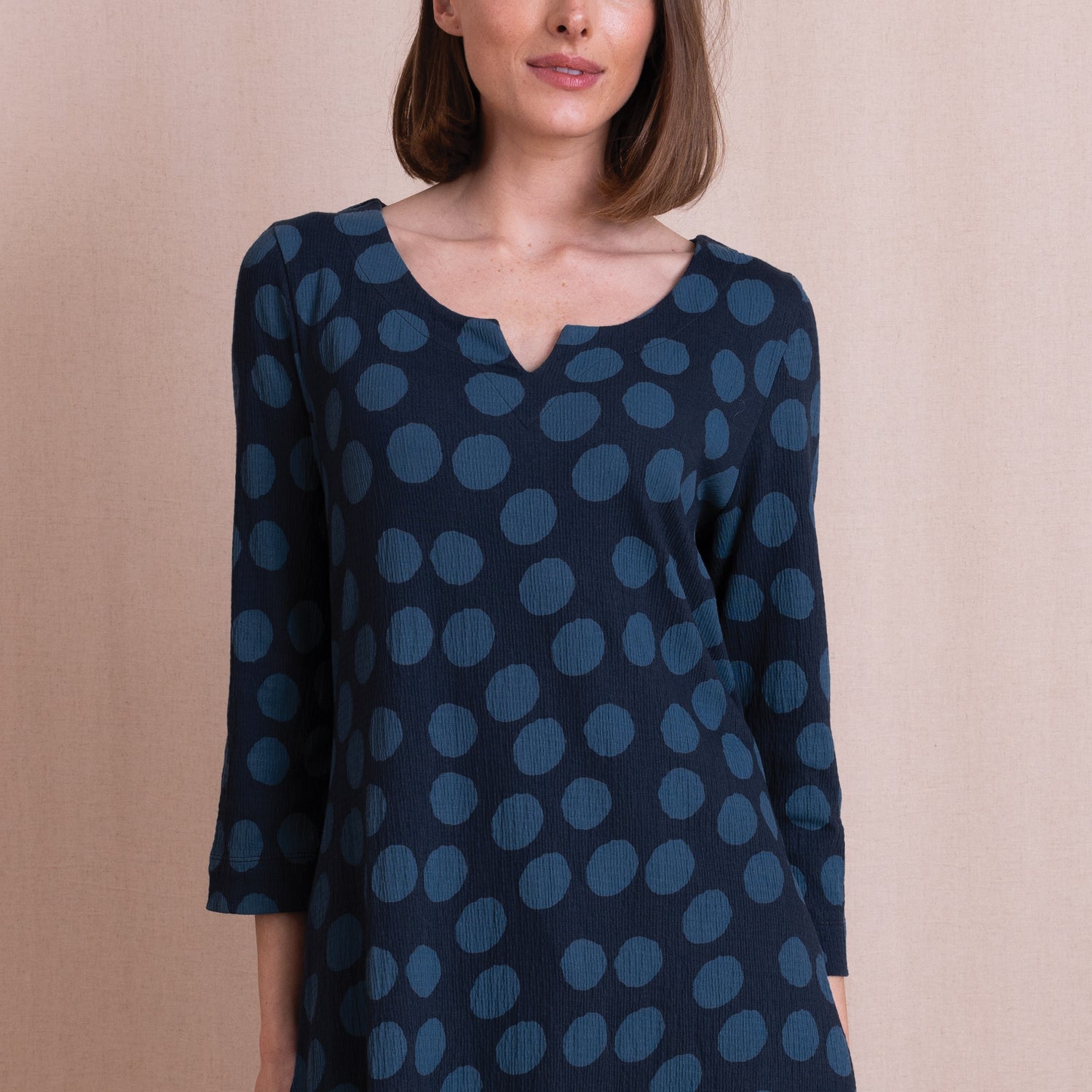 AW26 Spot Print Notch Neck Tunic Top - Navy