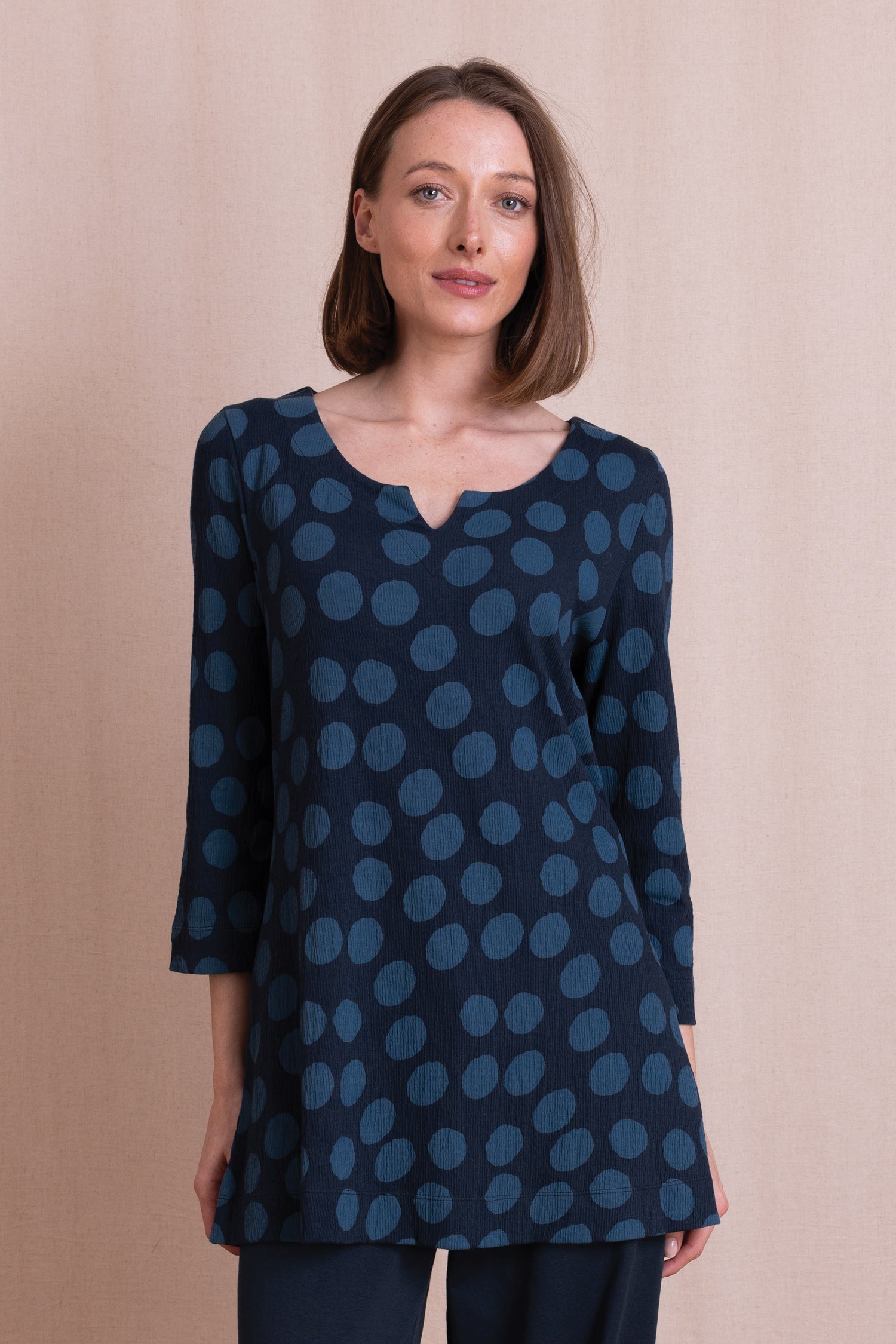 AW26 Spot Print Notch Neck Tunic Top - Navy