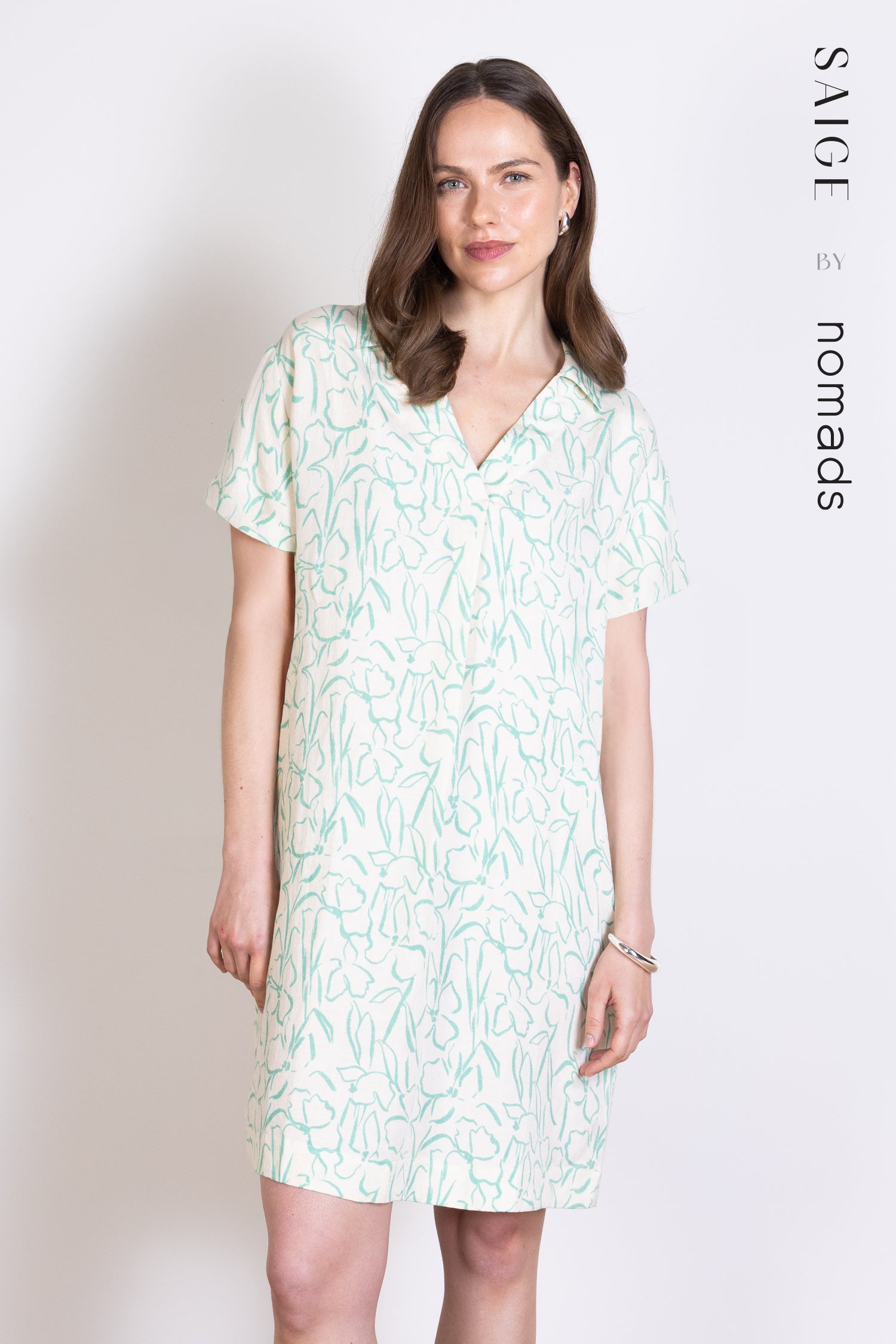Saige Linen Open Neck Tunic Dress - Aqua & Ivory