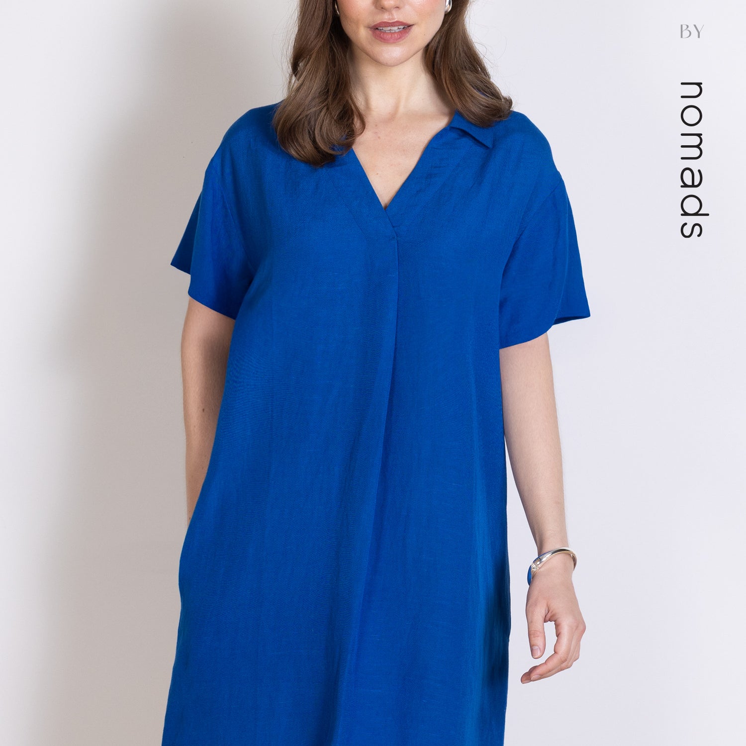 Saige Linen Open Neck Tunic Dress - Cobalt