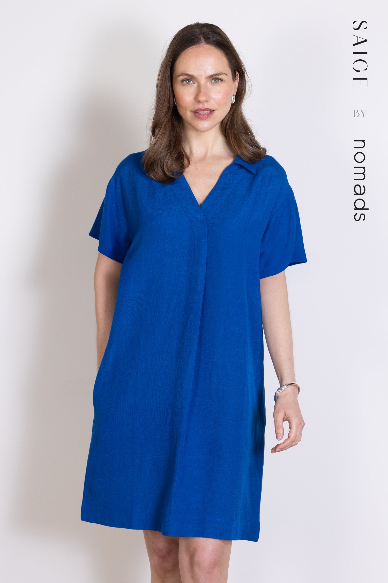 Saige Linen Open Neck Tunic Dress - Cobalt