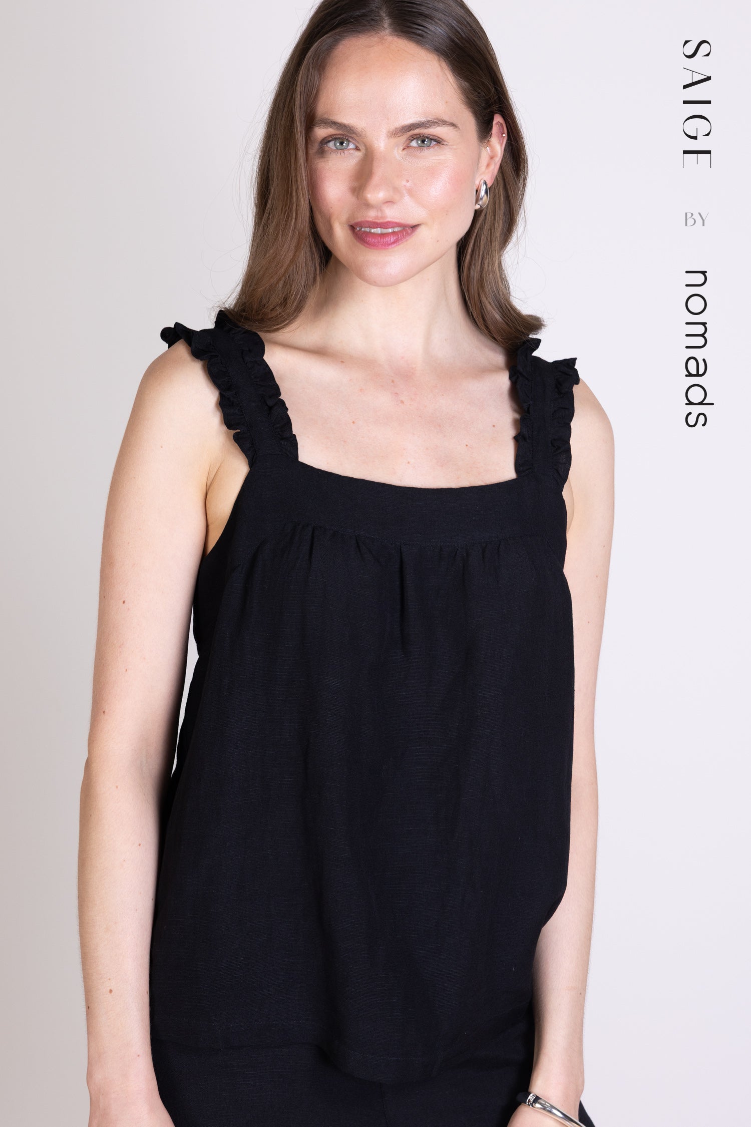 Saige Linen Frill Cami - Black