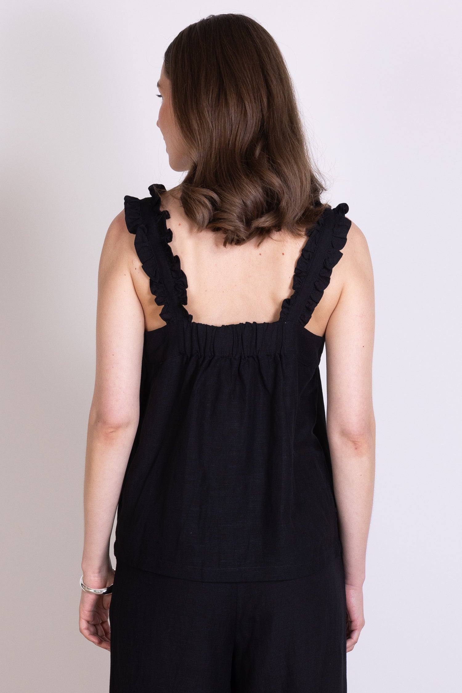 Saige Linen Frill Cami - Black