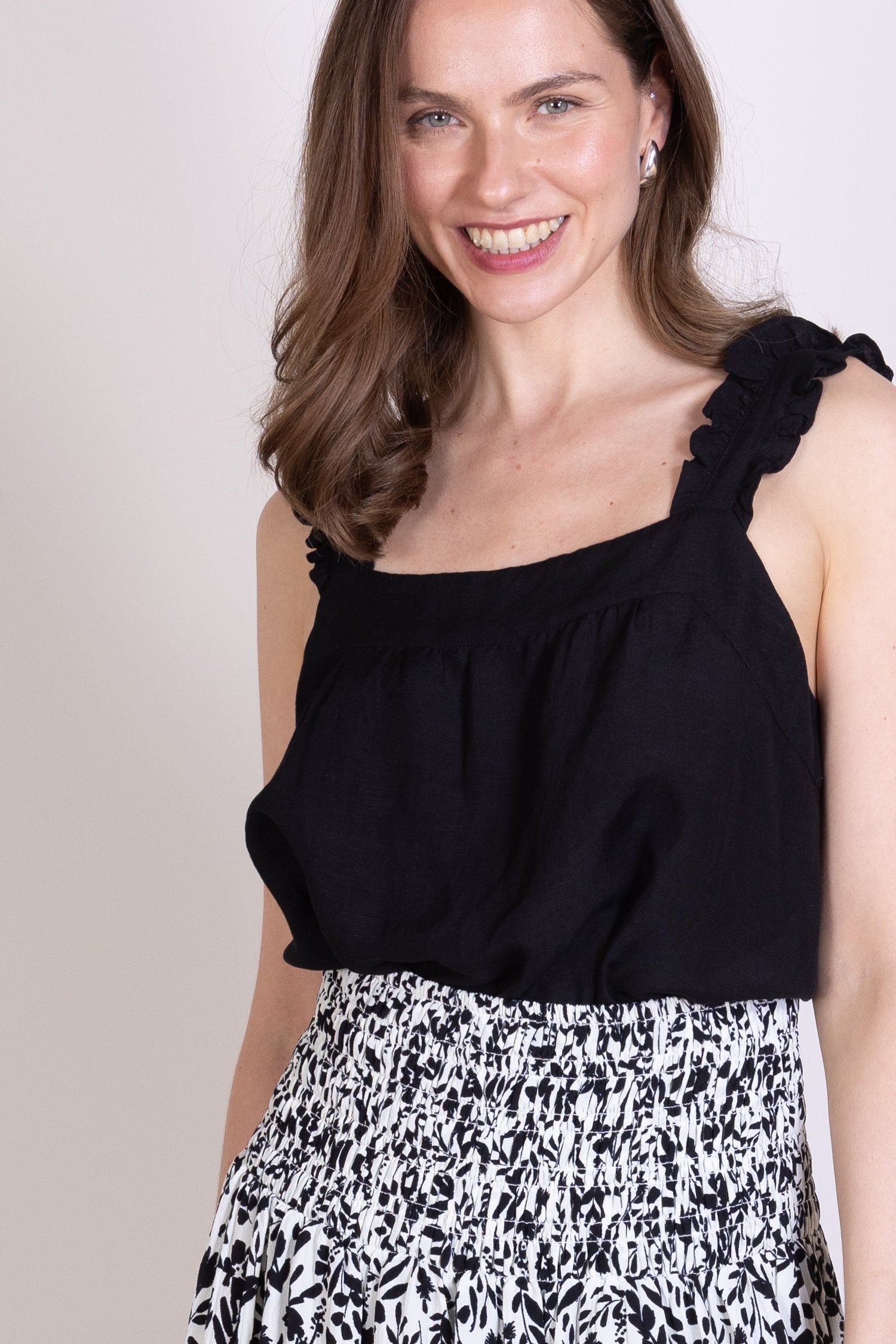 Saige Linen Frill Cami - Black