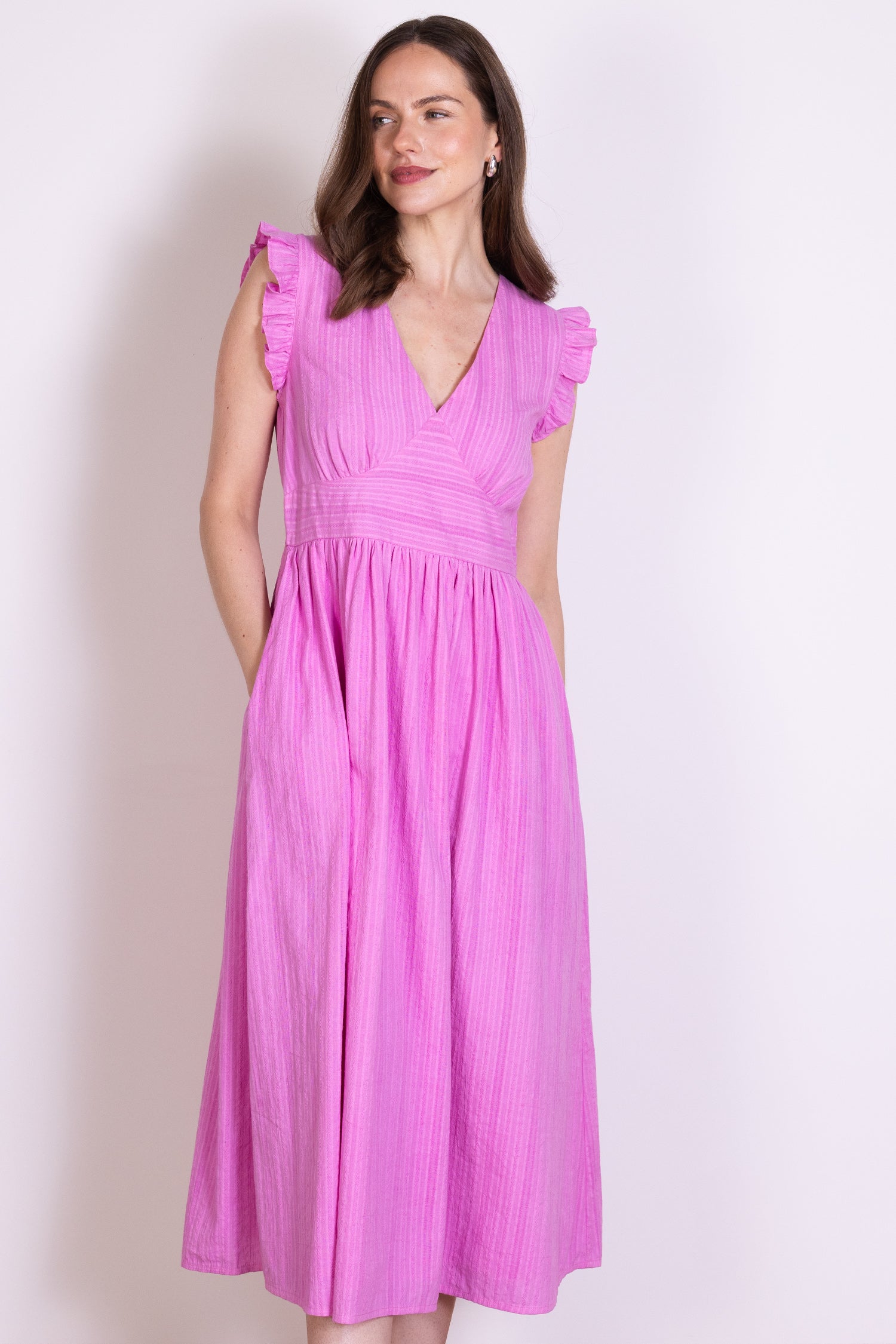 Saige Plain Textured Cotton Midi Dress - Orchid