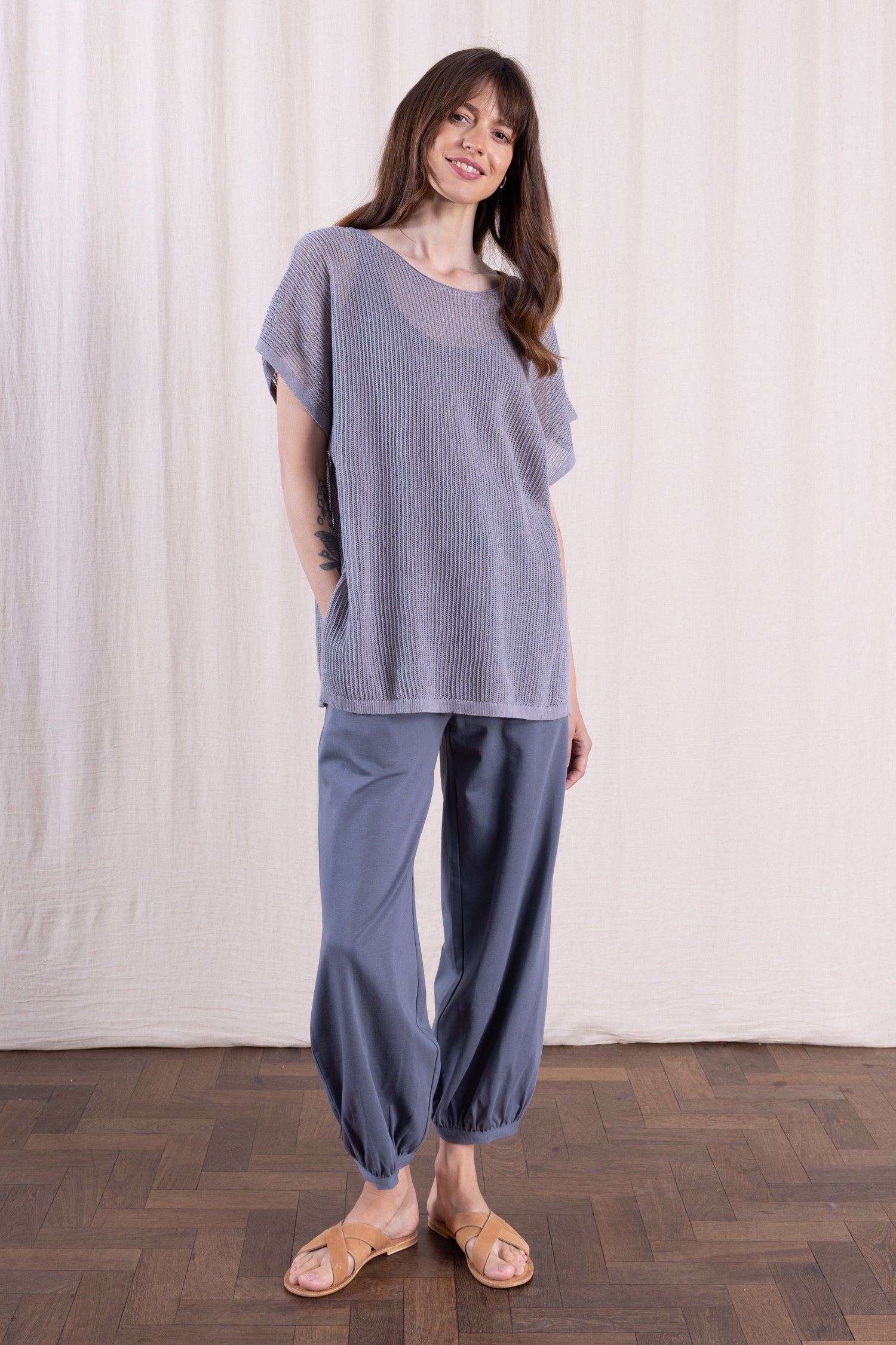 SS26 Linen/Cotton Open Knit Top - Grey