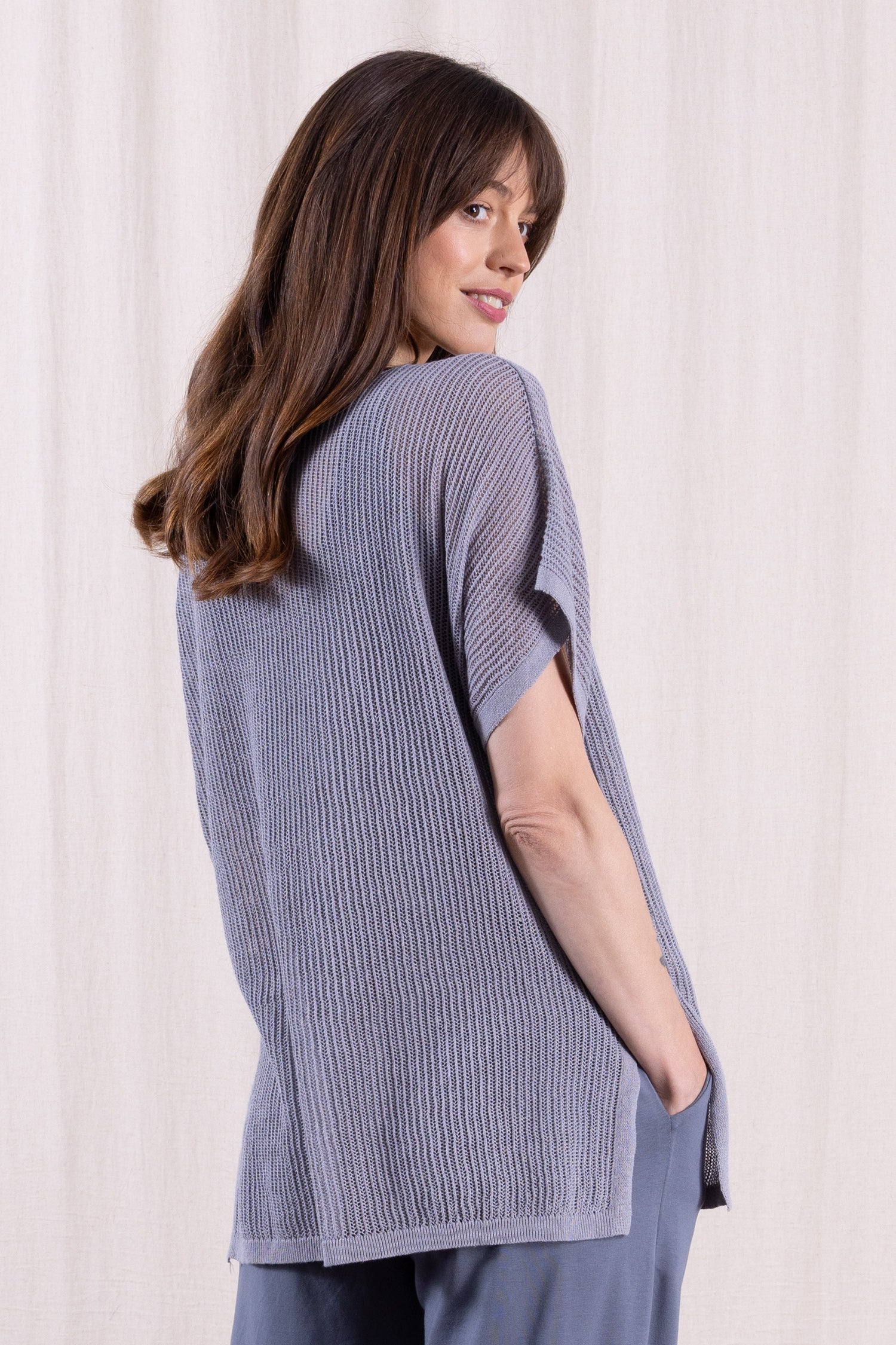 SS26 Linen/Cotton Open Knit Top - Grey