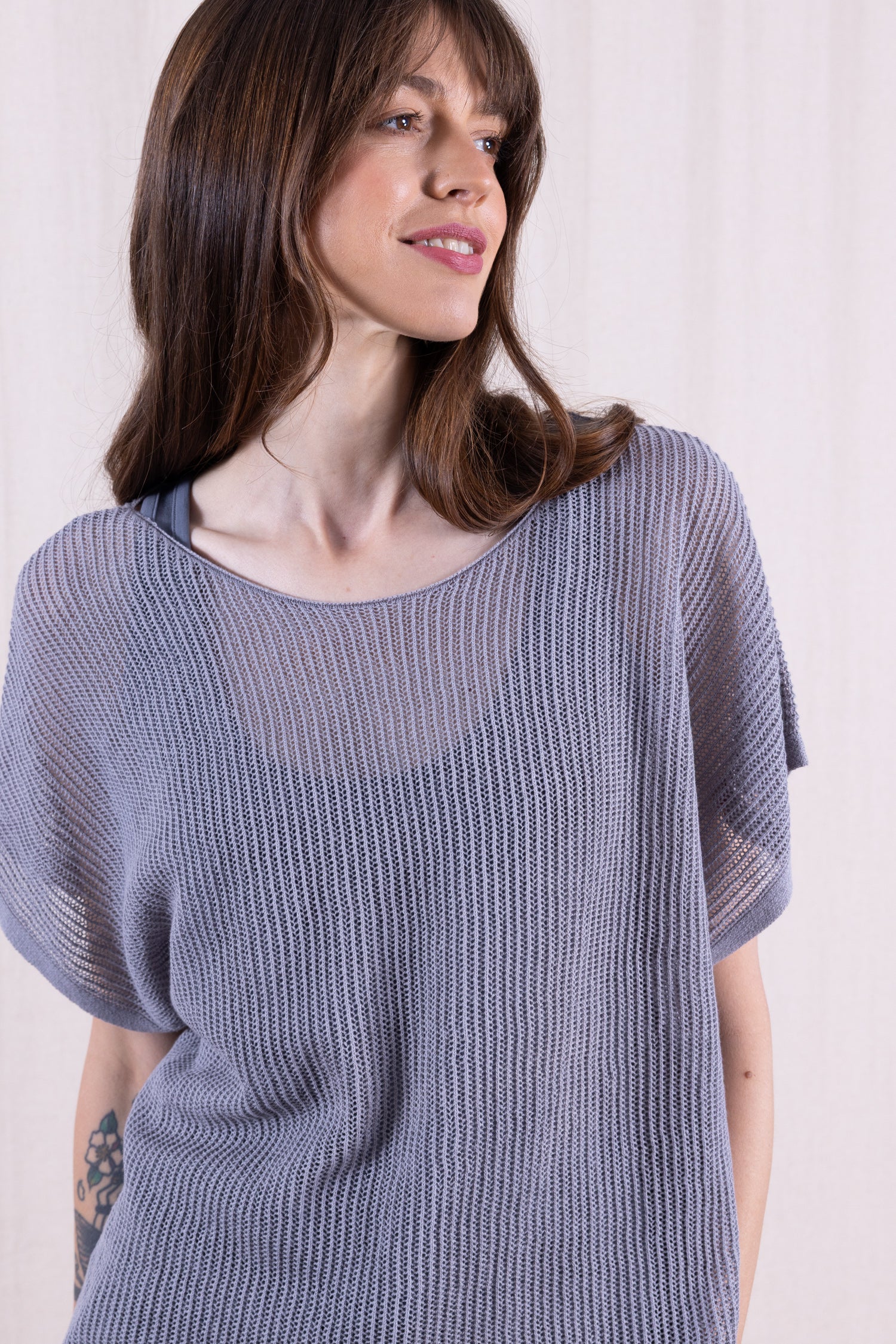 SS26 Linen/Cotton Open Knit Top - Grey