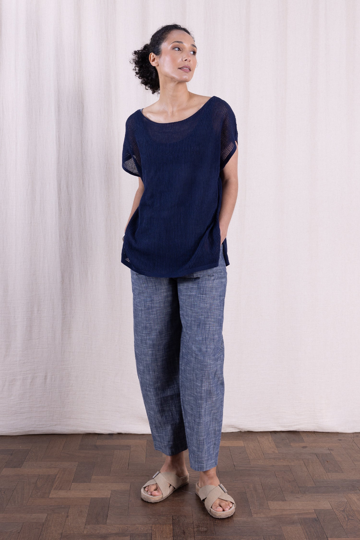 SS26 Linen/Cotton Open Knit Top - Navy