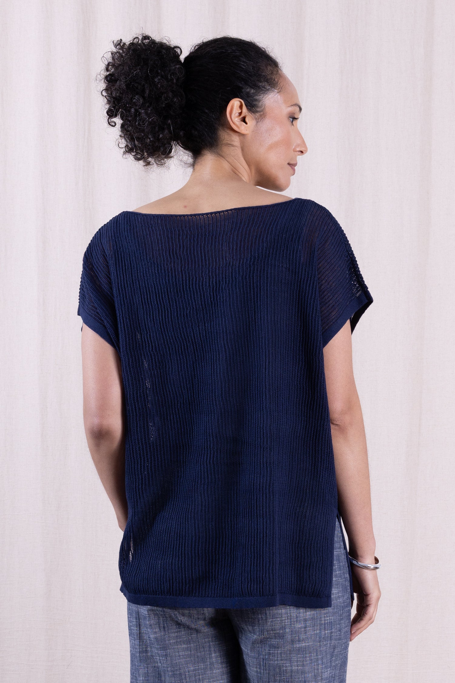 SS26 Linen/Cotton Open Knit Top - Navy