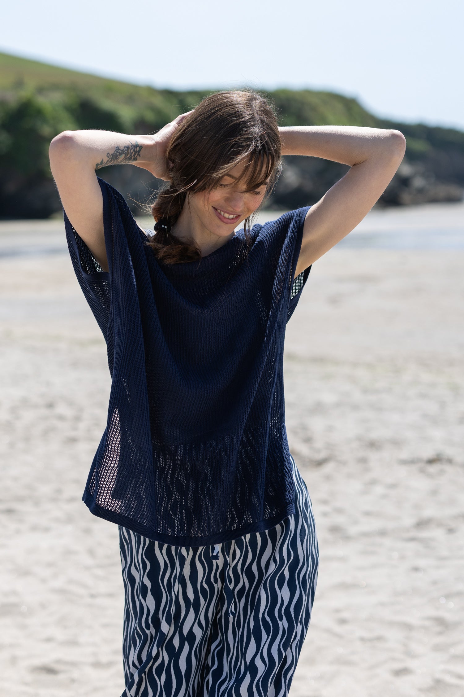 SS26 Linen/Cotton Open Knit Top - Navy