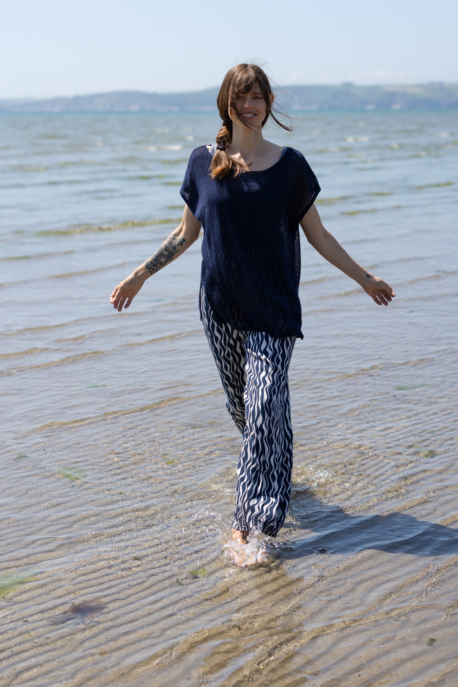 SS26 Linen/Cotton Open Knit Top - Navy